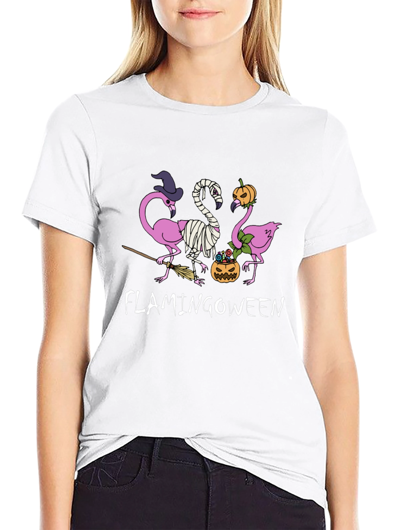 Camiseta Negra Flamingoween Halloween Divertida