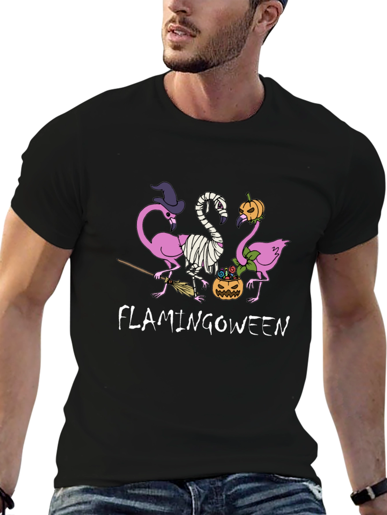 Camiseta Negra Flamingoween Halloween Divertida
