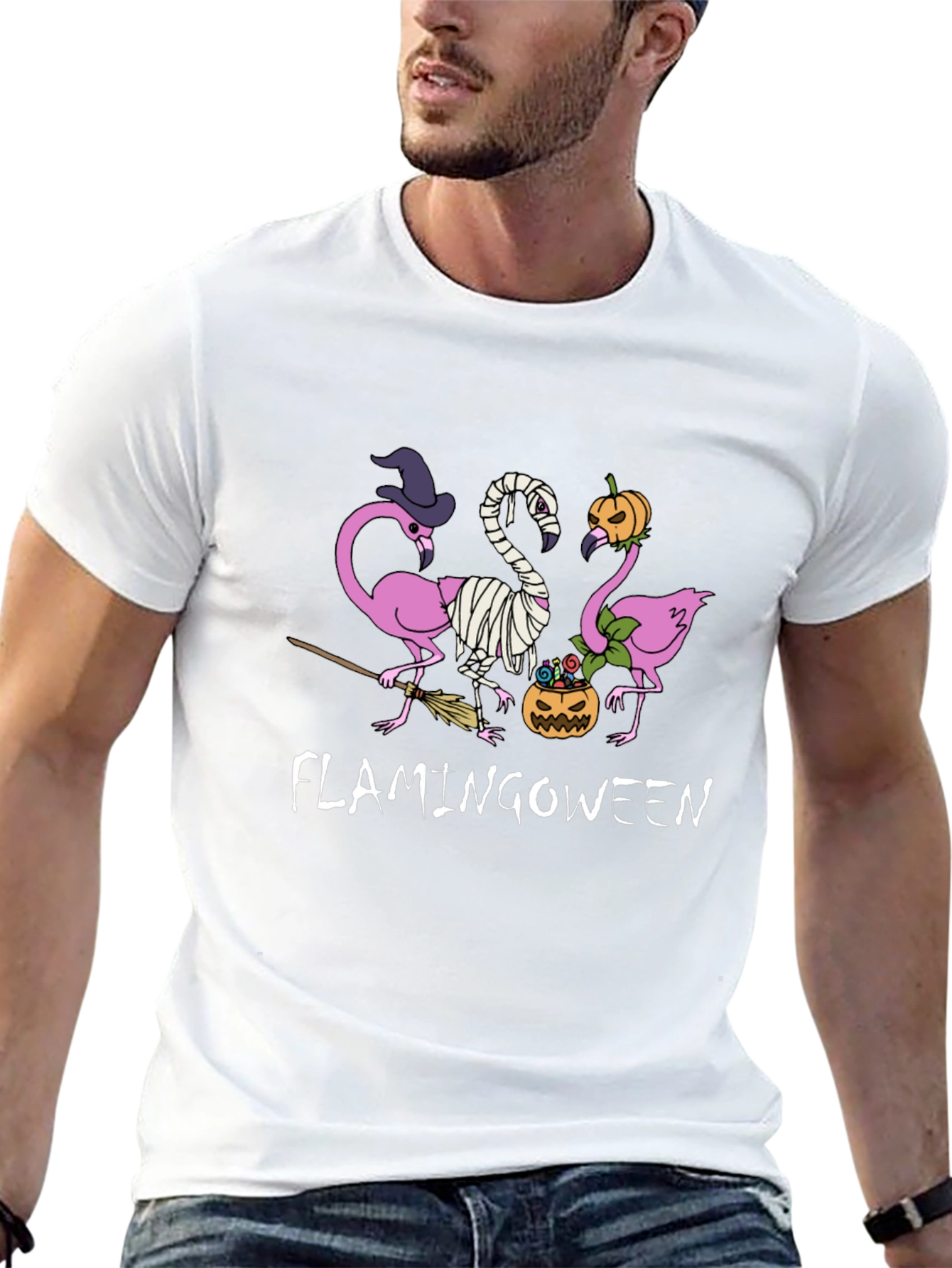 Camiseta Negra Flamingoween Halloween Divertida