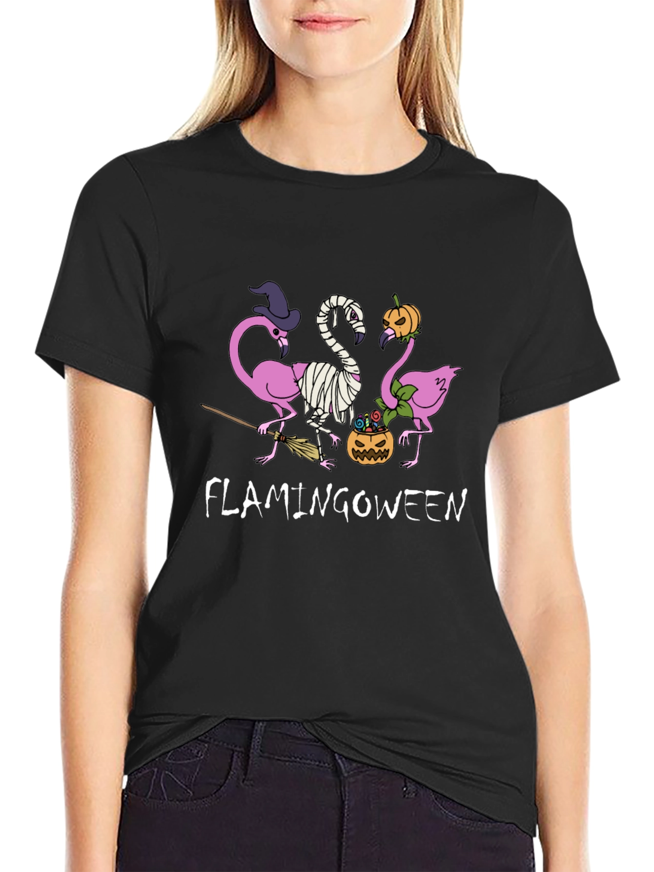 Camiseta Negra Flamingoween Halloween Divertida