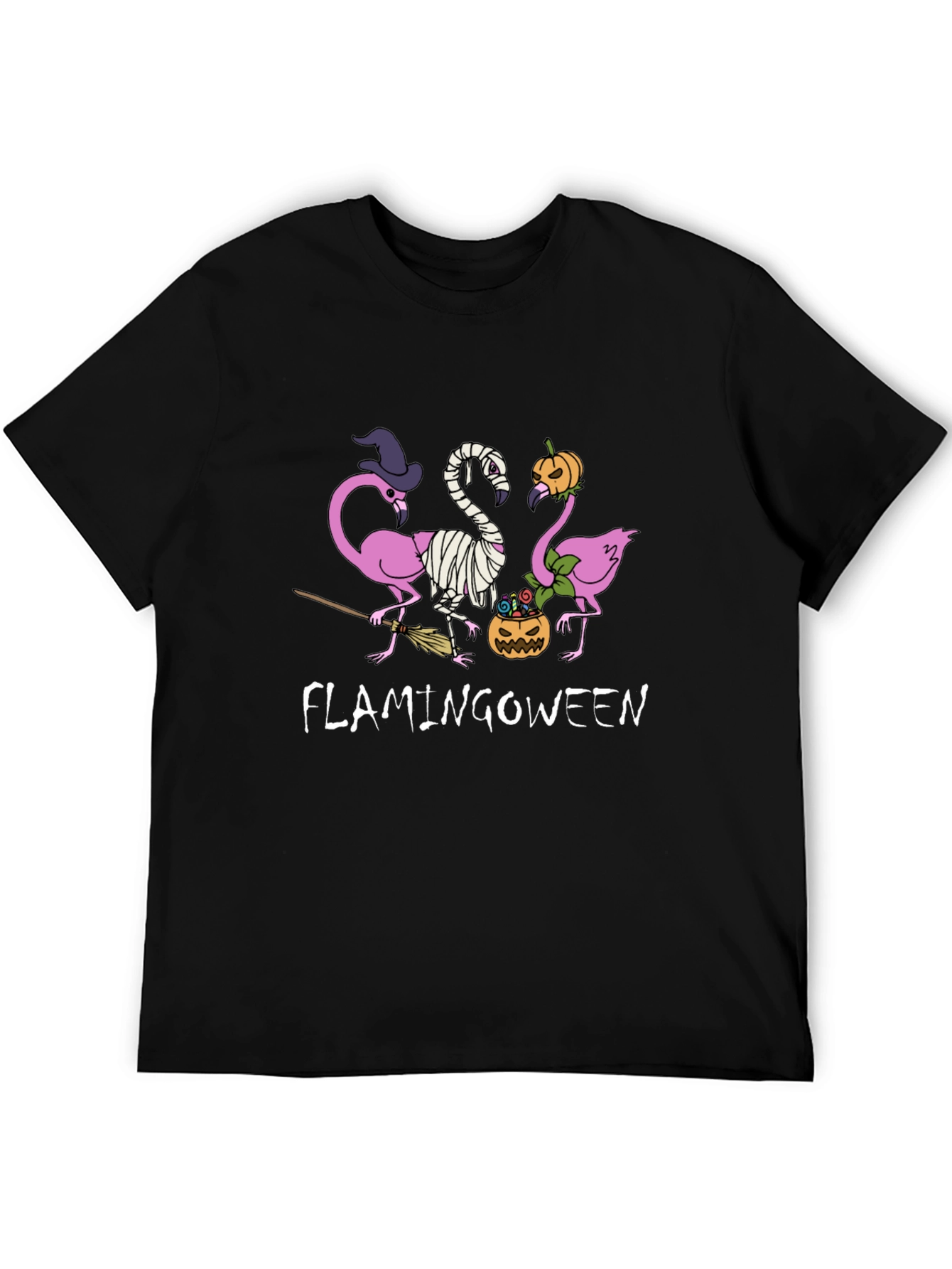 Camiseta Negra Flamingoween Halloween Divertida