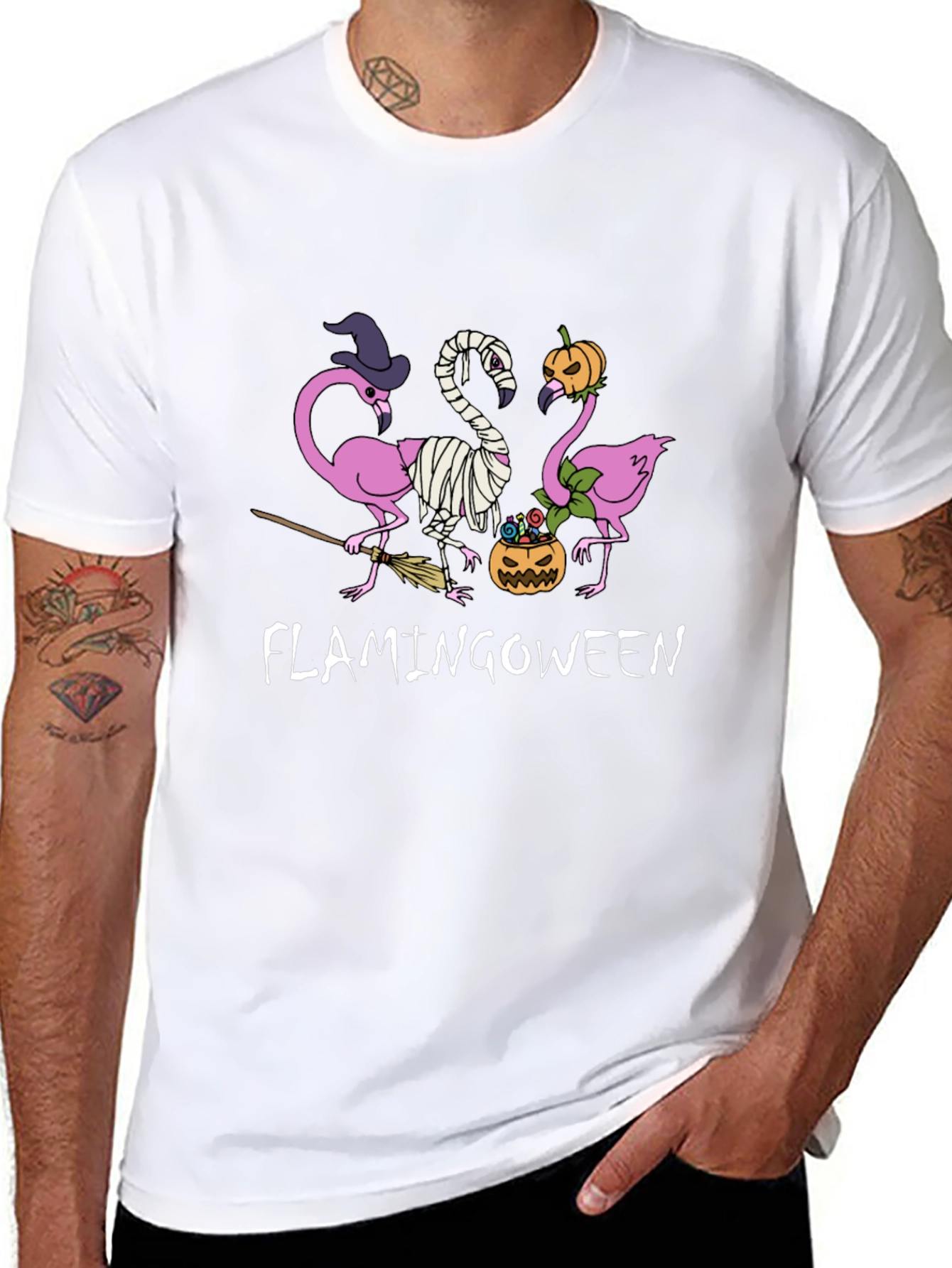 Camiseta Negra Flamingoween Halloween Divertida