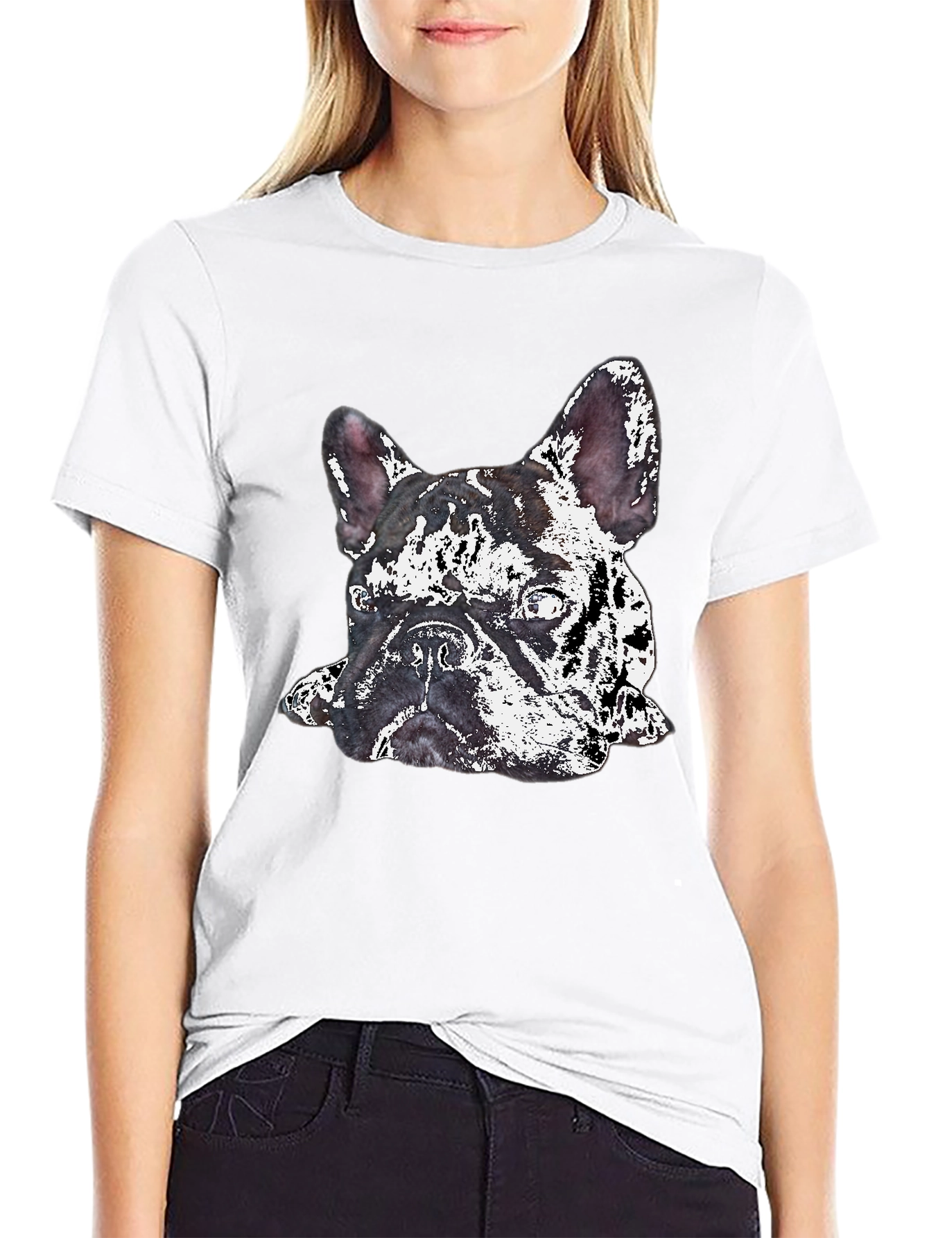 Camiseta Negra con Diseño de Bulldog Francés Abstracto