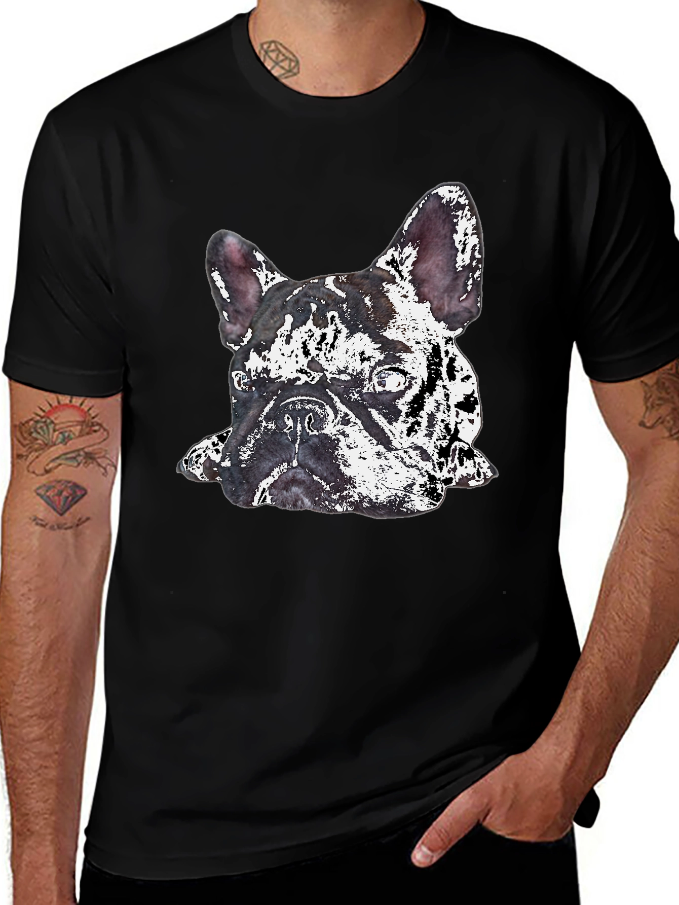 Camiseta Negra con Diseño de Bulldog Francés Abstracto