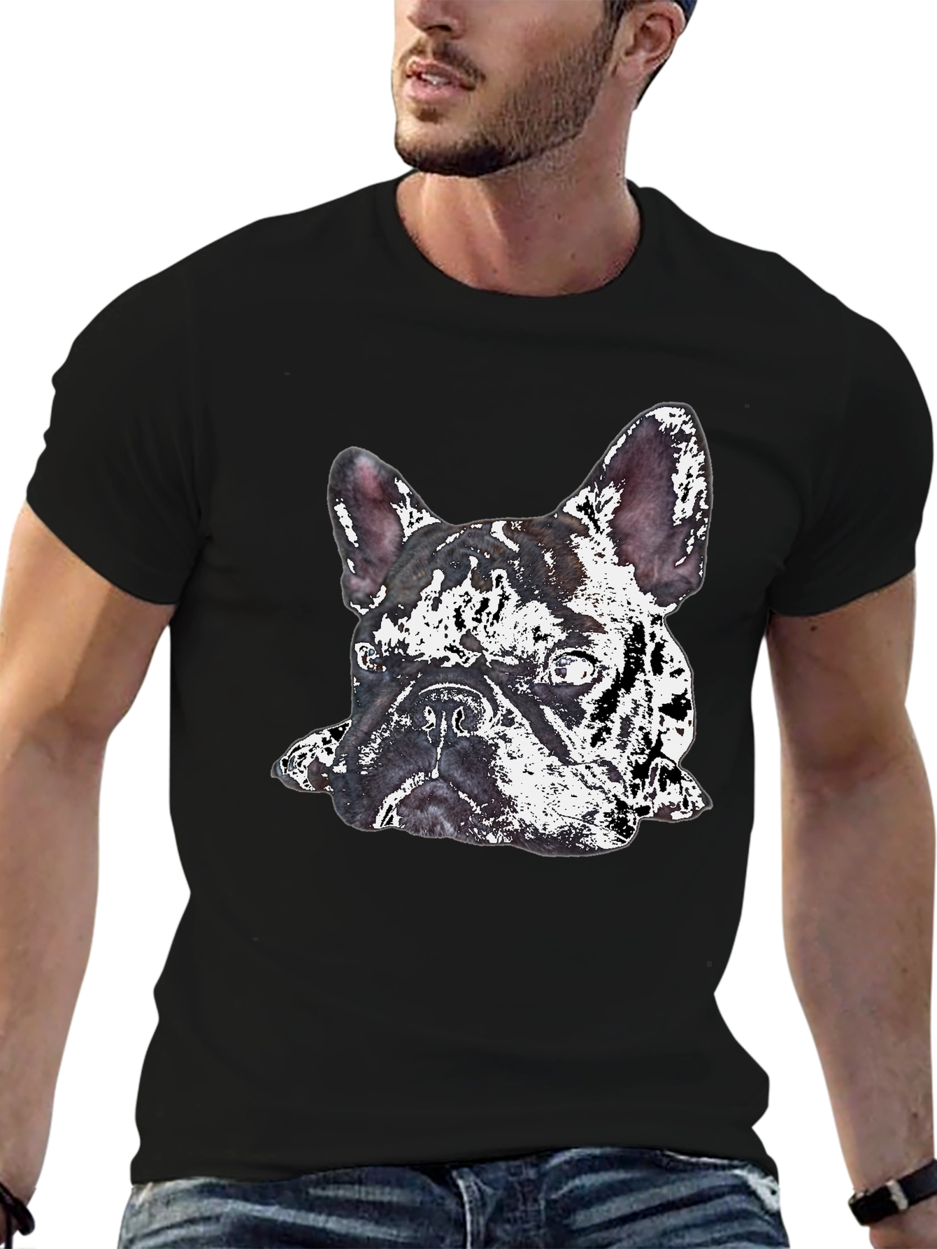Camiseta Negra con Diseño de Bulldog Francés Abstracto
