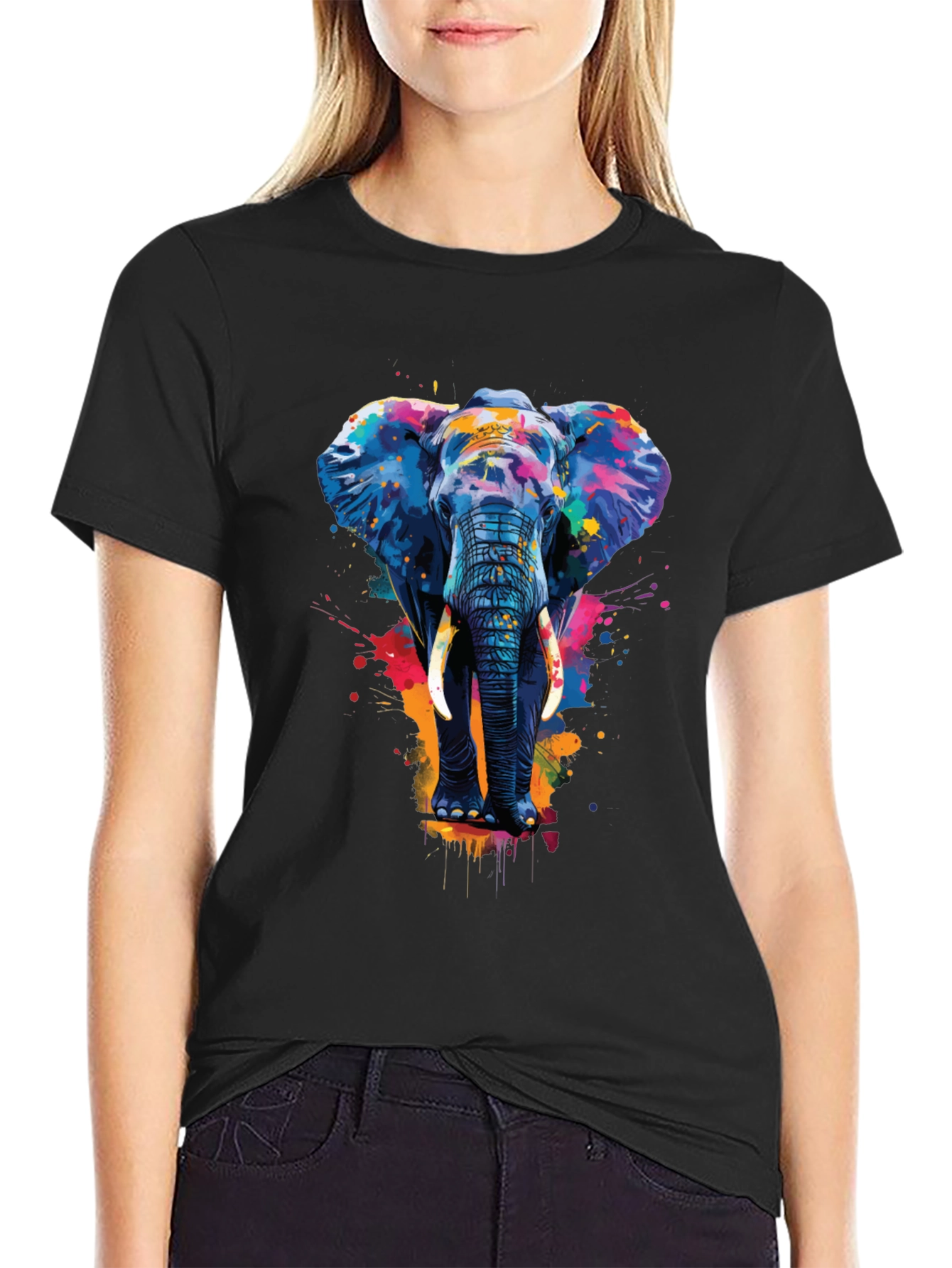 Camiseta Negra con Estampado de Elefante Artístico