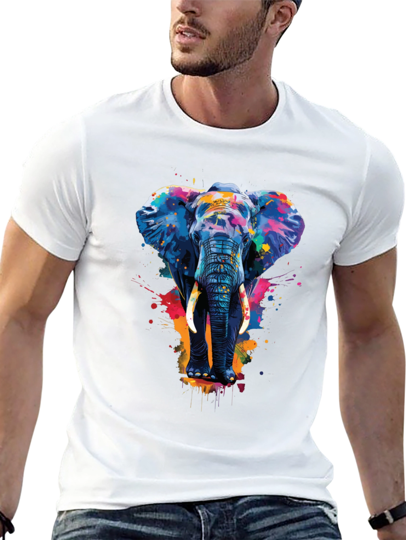 Camiseta Negra con Estampado de Elefante Artístico