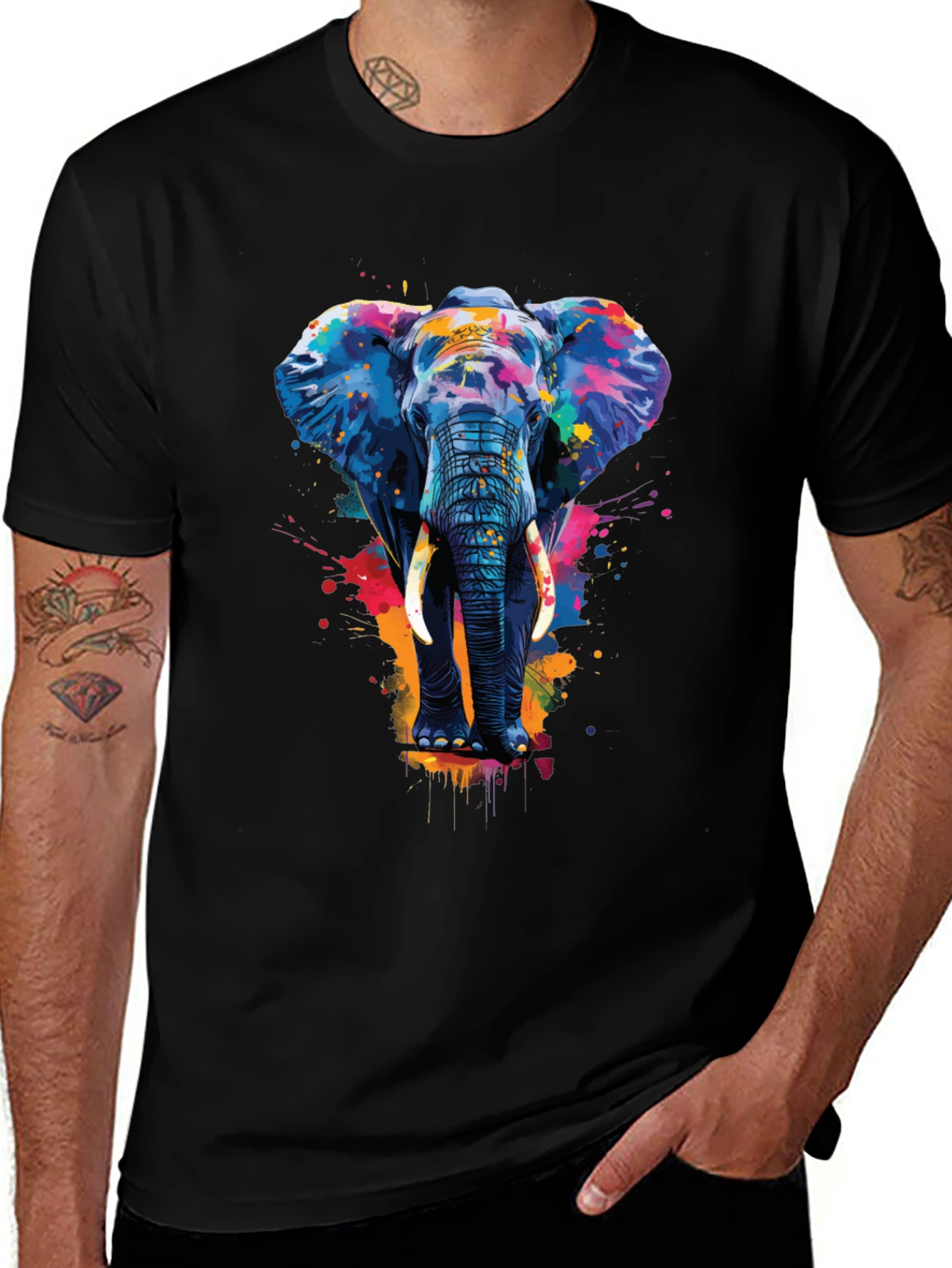 Camiseta Negra con Estampado de Elefante Artístico