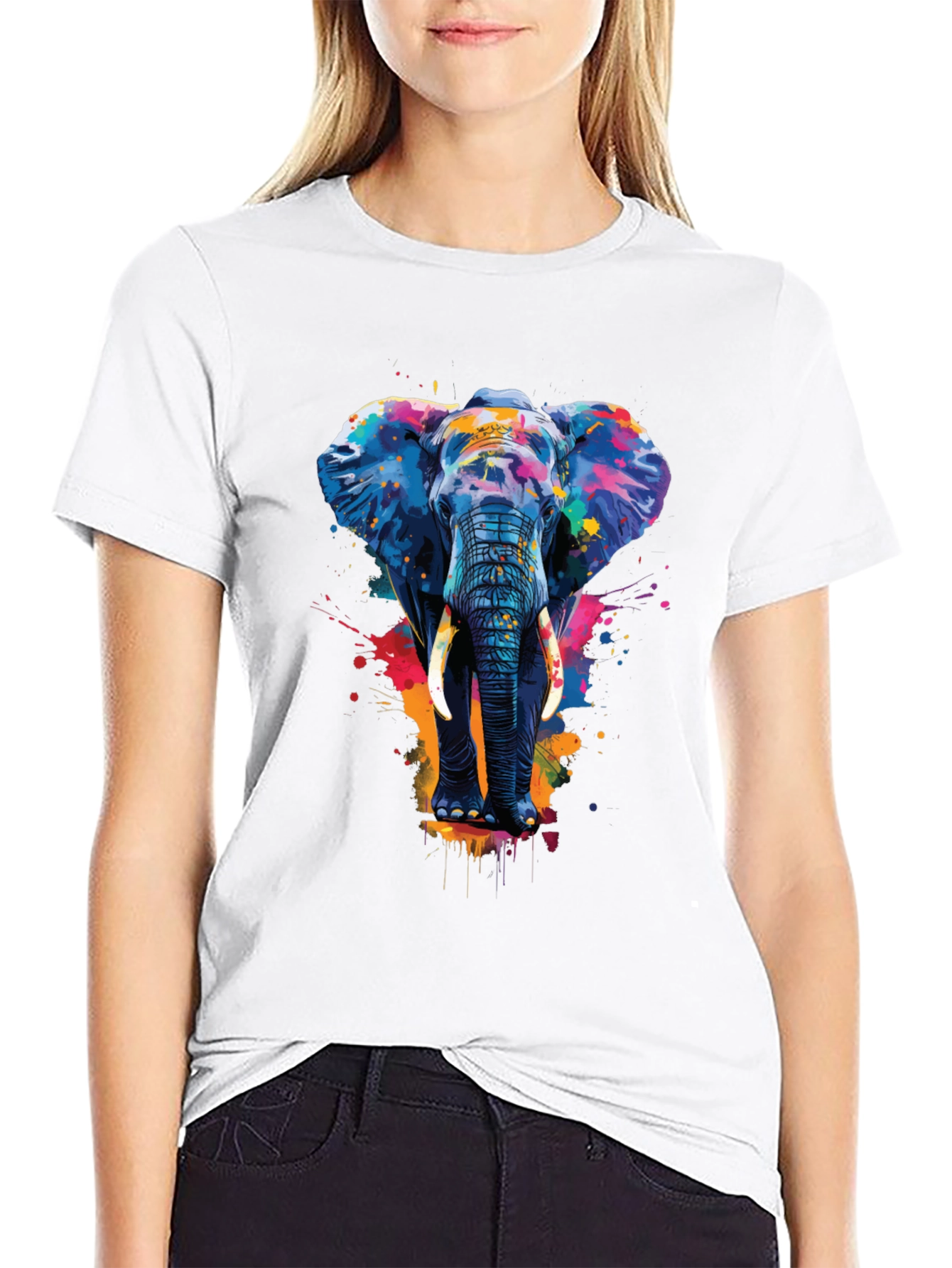 Camiseta Negra con Estampado de Elefante Artístico