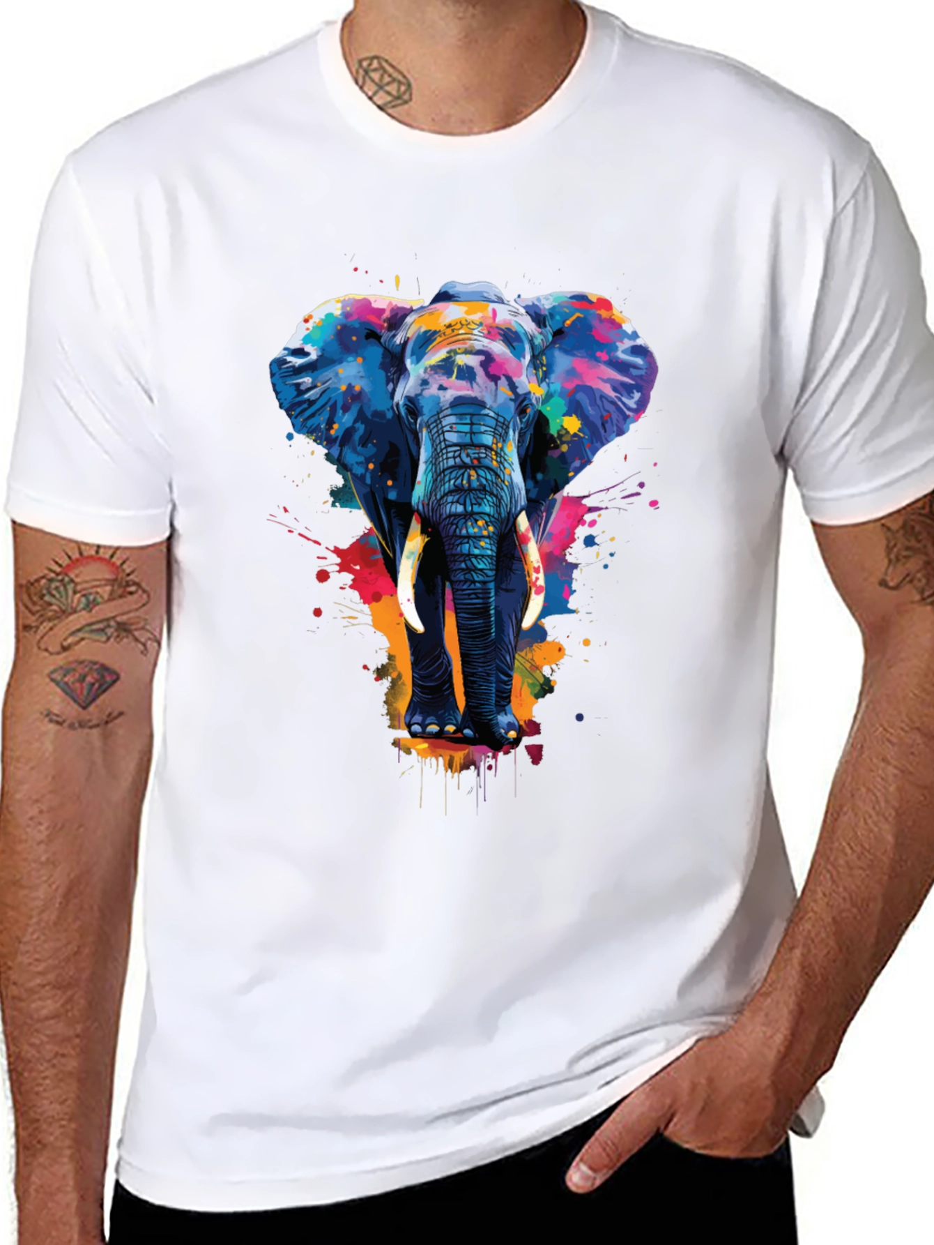 Camiseta Negra con Estampado de Elefante Artístico