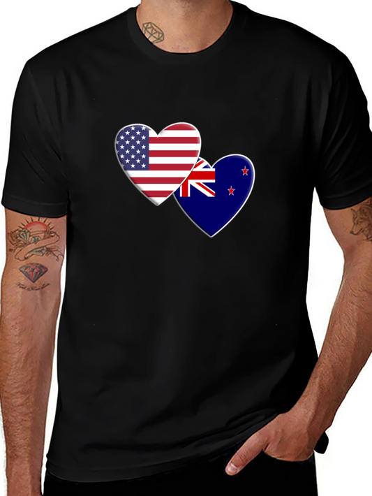 Camiseta Negra con Corazones USA y Nueva Zelanda