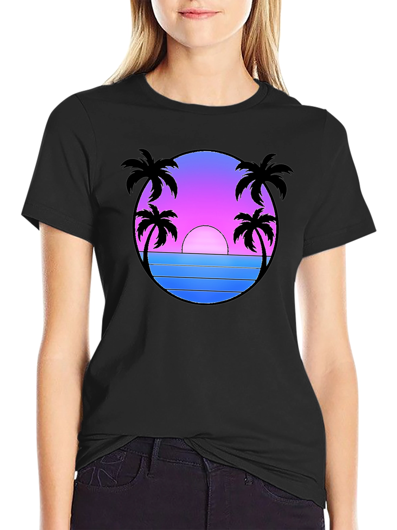 Camiseta Negra Estampado Sunset Palm Beach