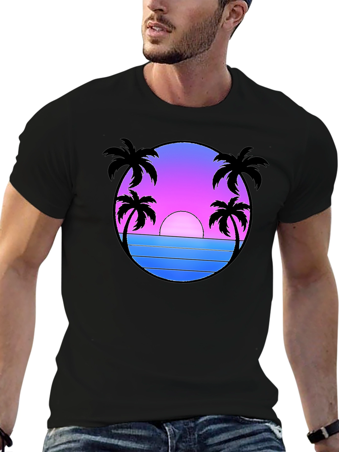 Camiseta Negra Estampado Sunset Palm Beach