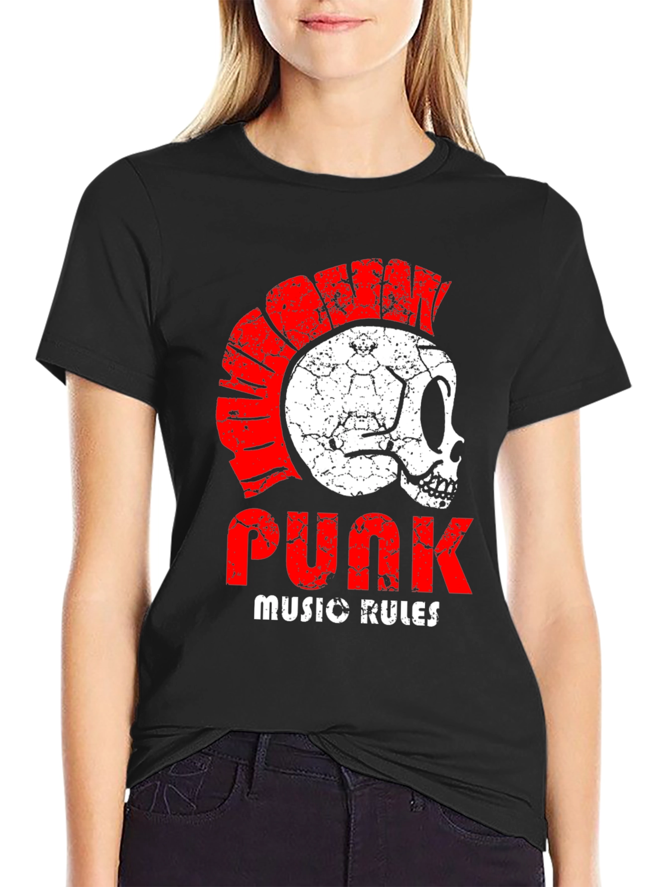 Camiseta Punk Rock con Calavera y Cresta Roja