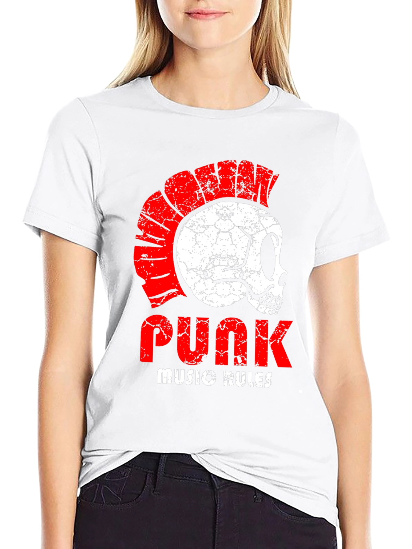 Camiseta Punk Rock con Calavera y Cresta Roja