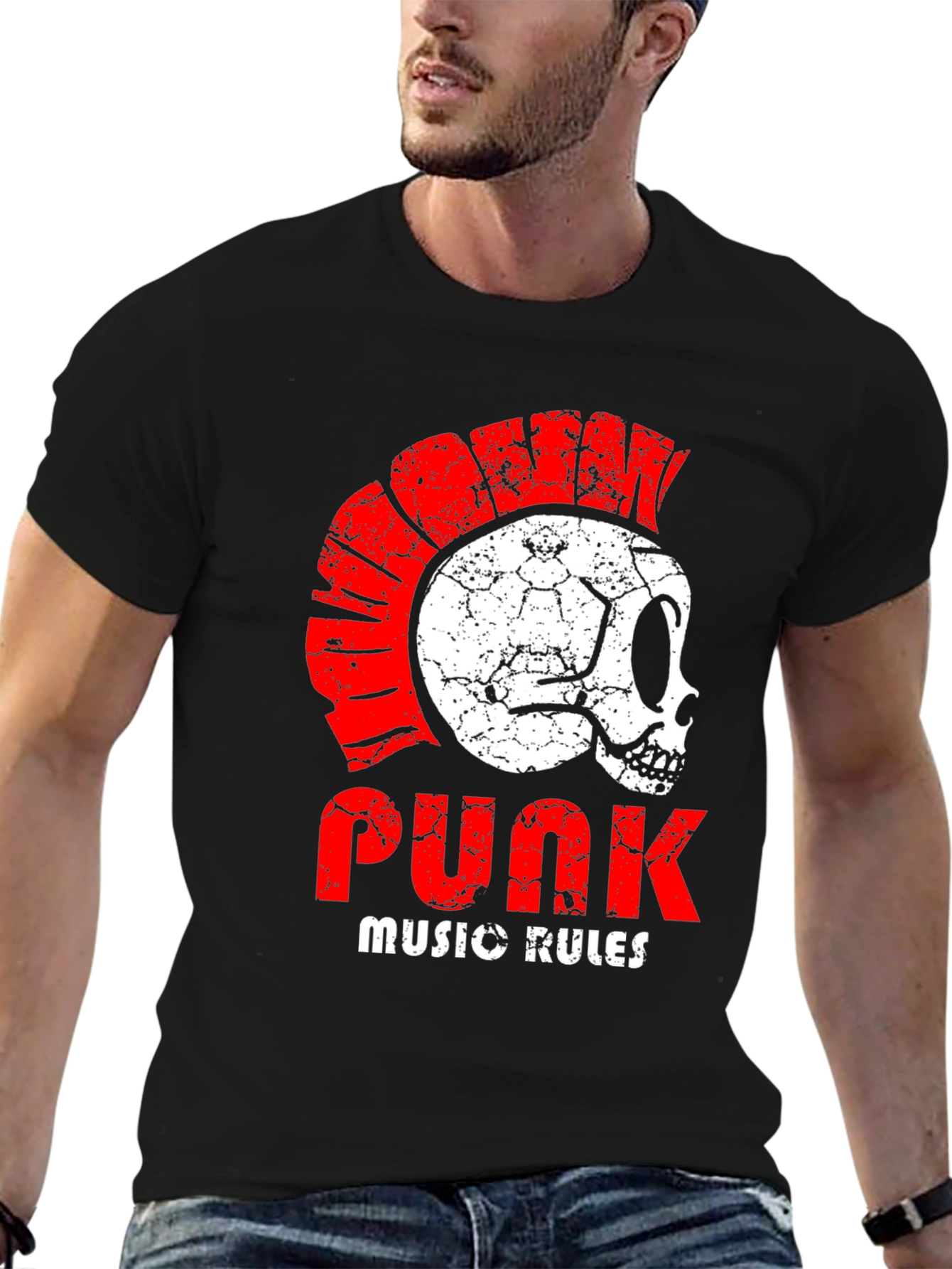 Camiseta Punk Rock con Calavera y Cresta Roja