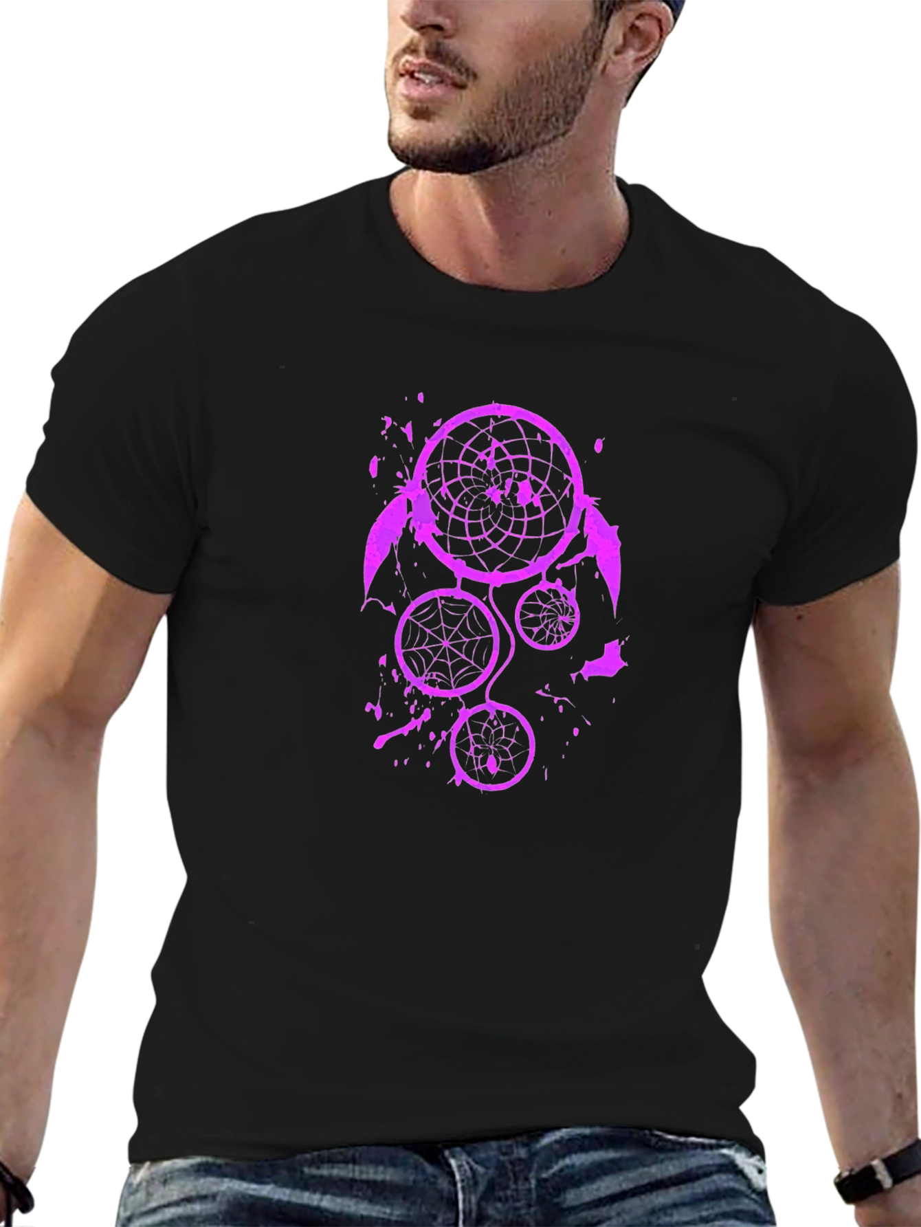 Camiseta Negra con Diseño Atrapasueños Morado