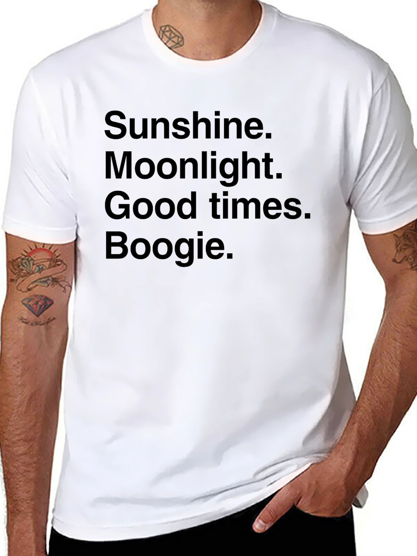 Camiseta Negra: Sunshine Moonlight Good Times Boogie