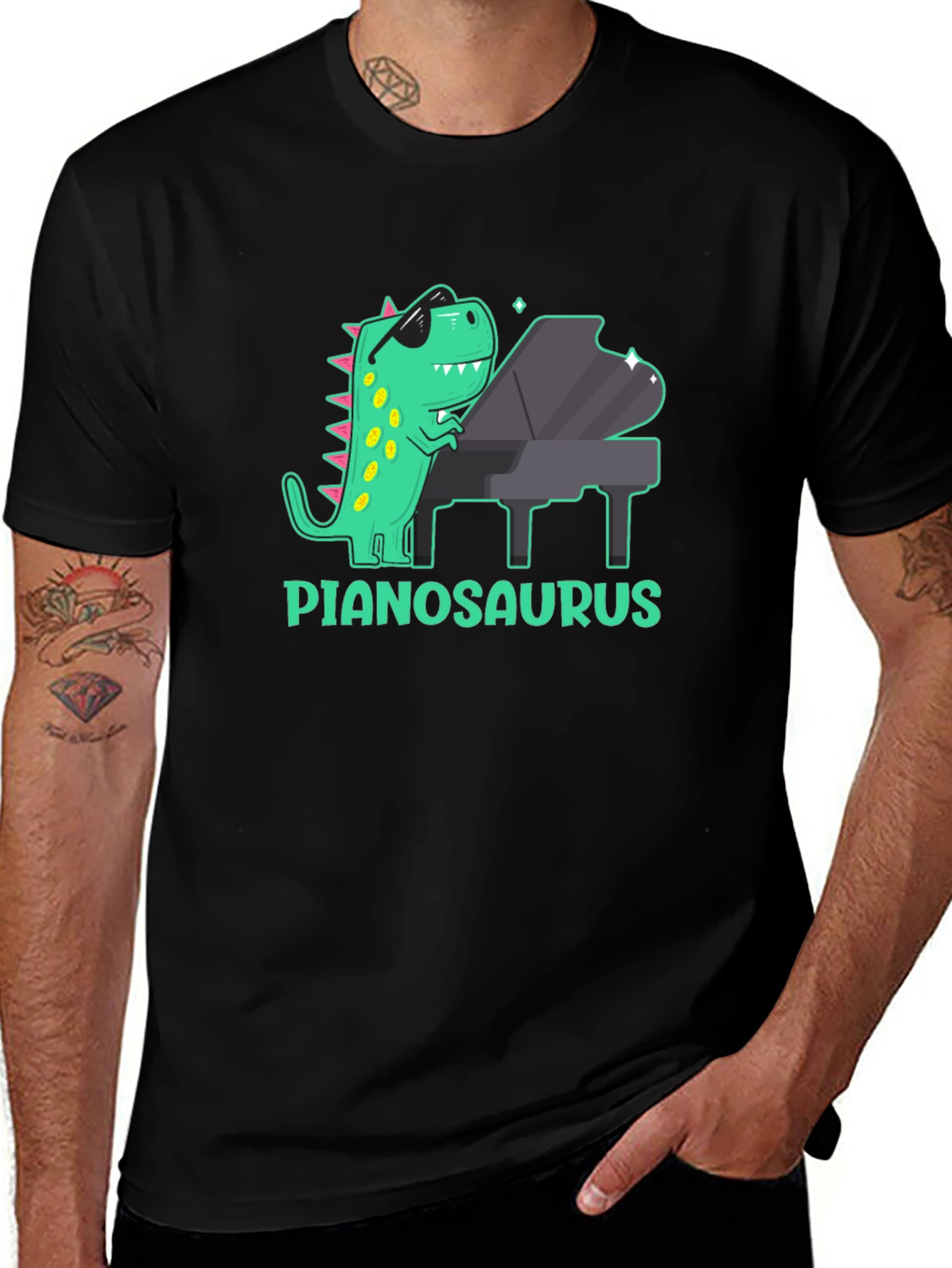 Camiseta Negra con Diseño de Dinosaurio Pianista