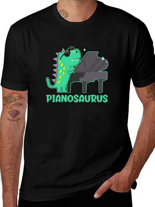 Camiseta Negra con Diseño de Dinosaurio Pianista