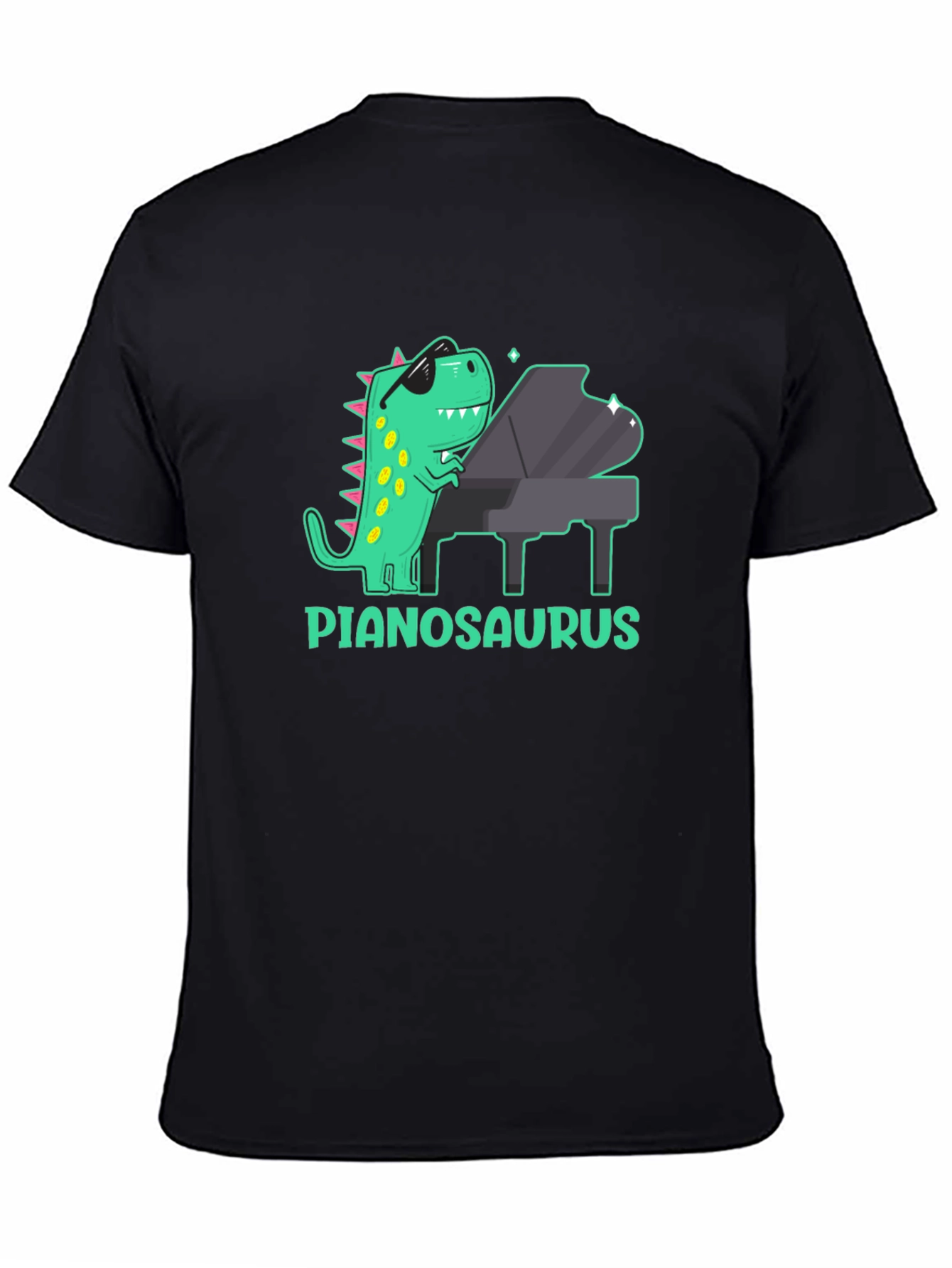 Camiseta Negra con Diseño de Dinosaurio Pianista