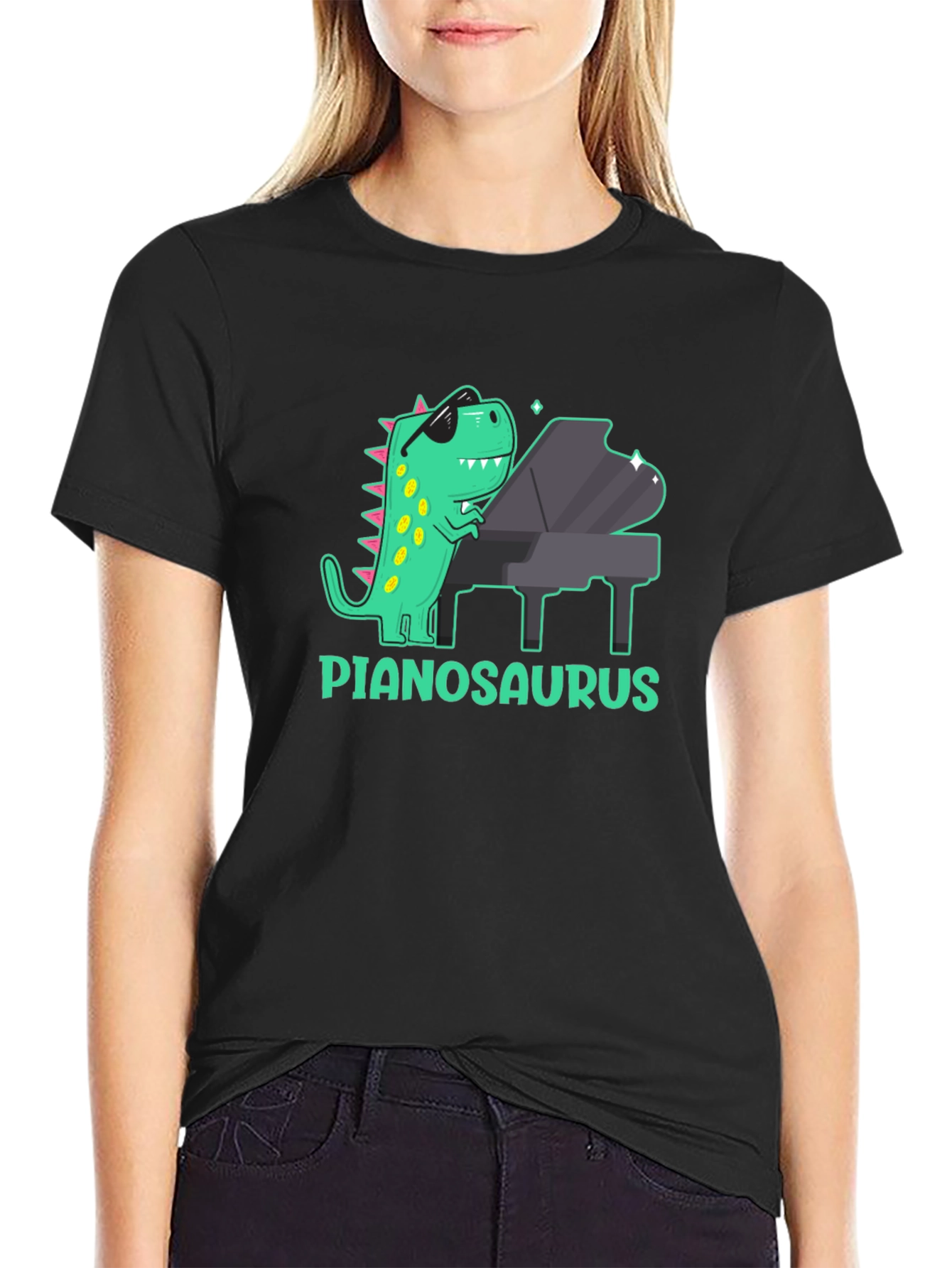 Camiseta Negra con Diseño de Dinosaurio Pianista
