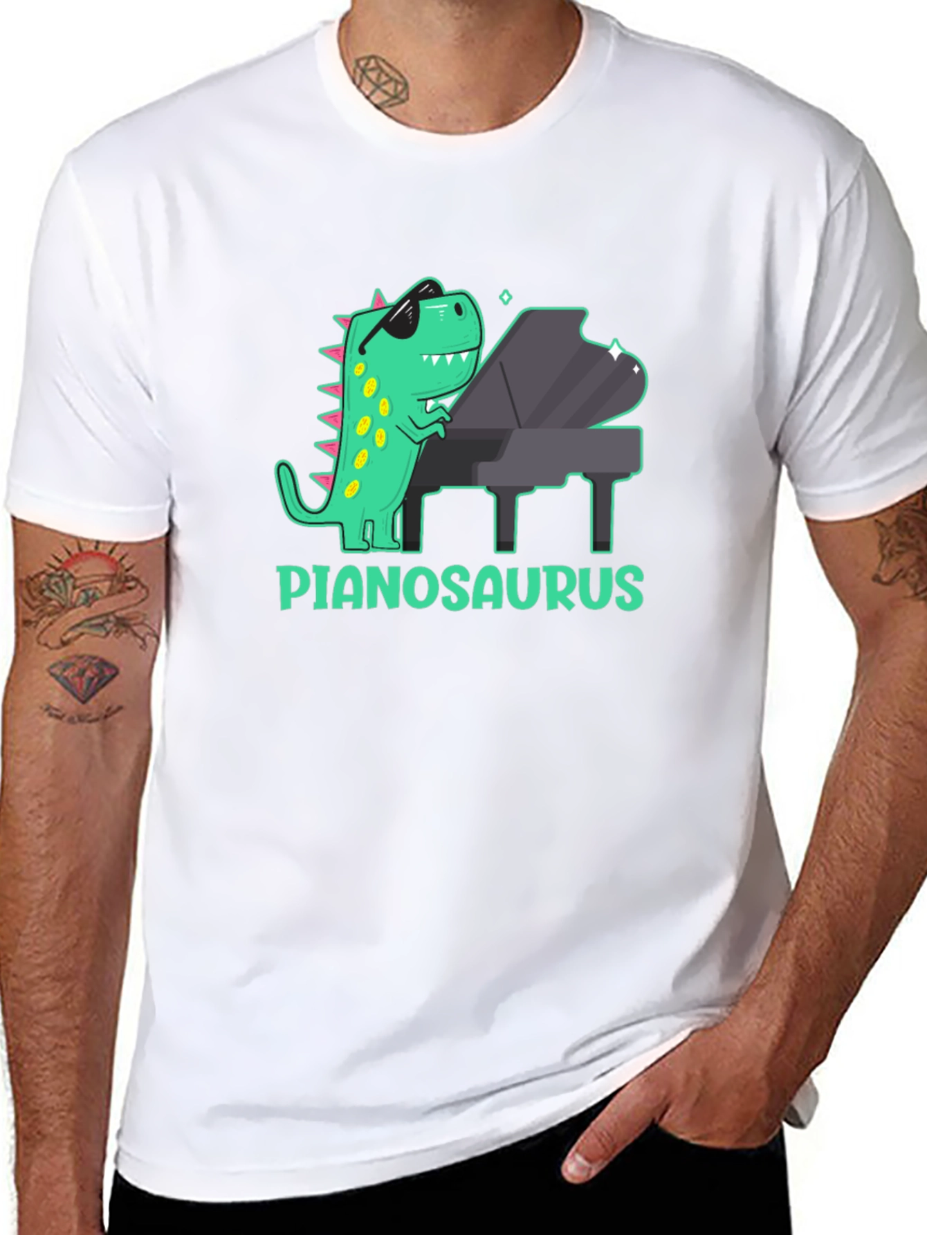 Camiseta Negra con Diseño de Dinosaurio Pianista
