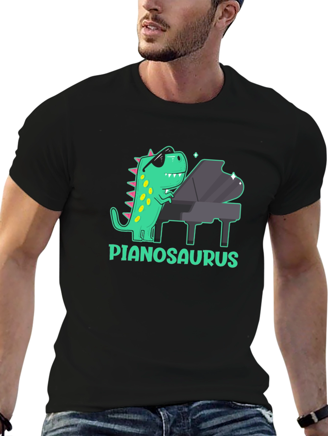 Camiseta Negra con Diseño de Dinosaurio Pianista