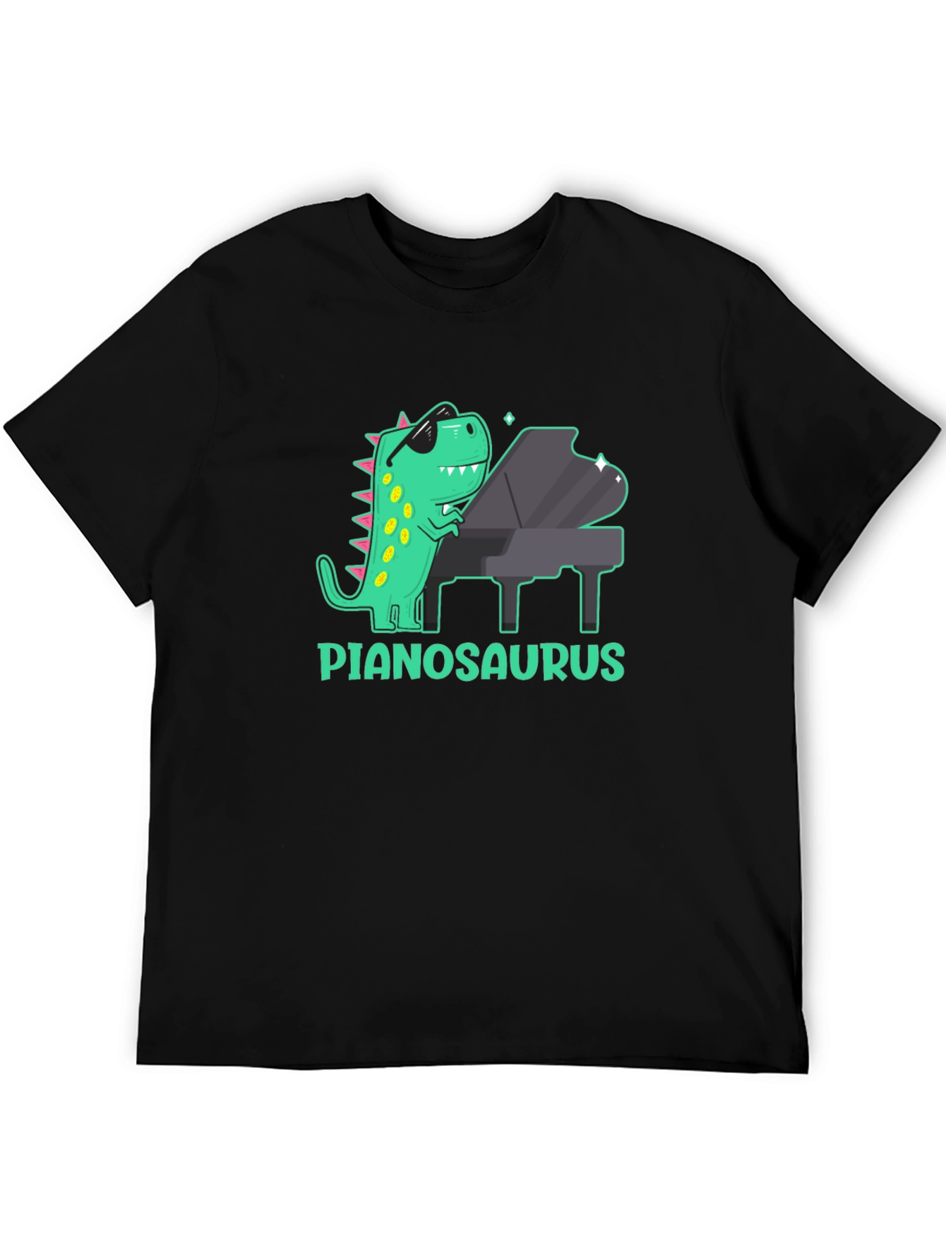 Camiseta Negra con Diseño de Dinosaurio Pianista