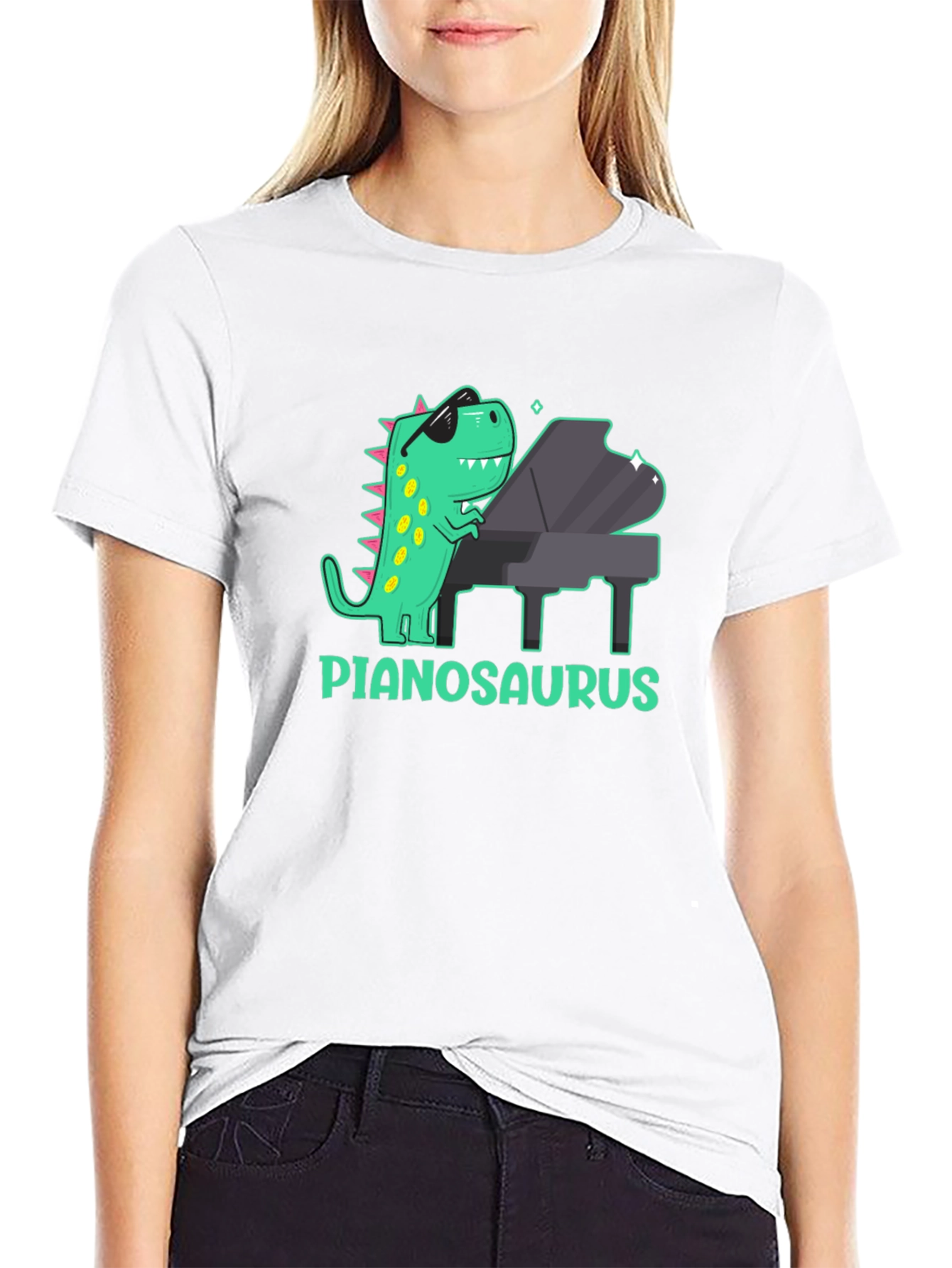 Camiseta Negra con Diseño de Dinosaurio Pianista
