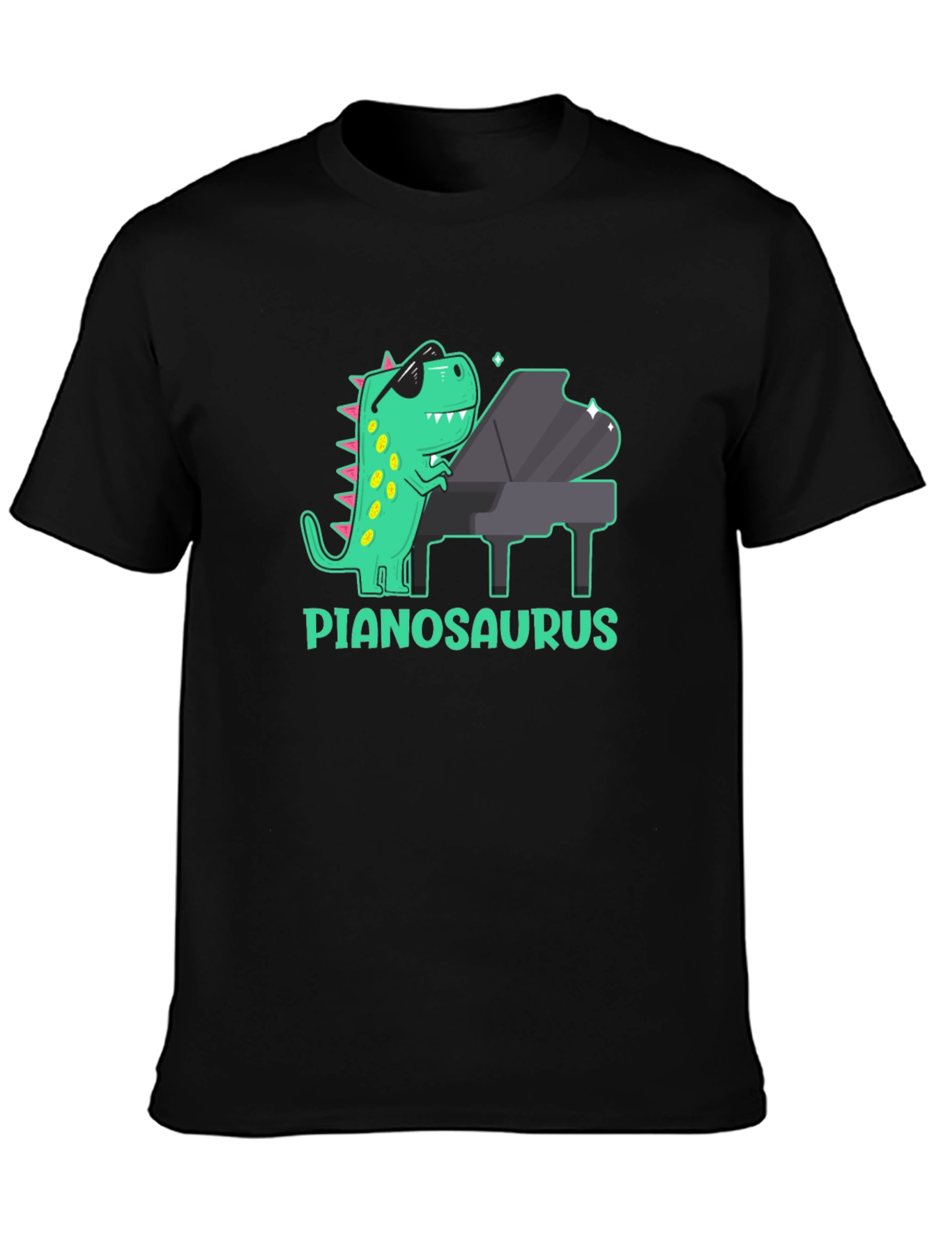 Camiseta Negra con Diseño de Dinosaurio Pianista