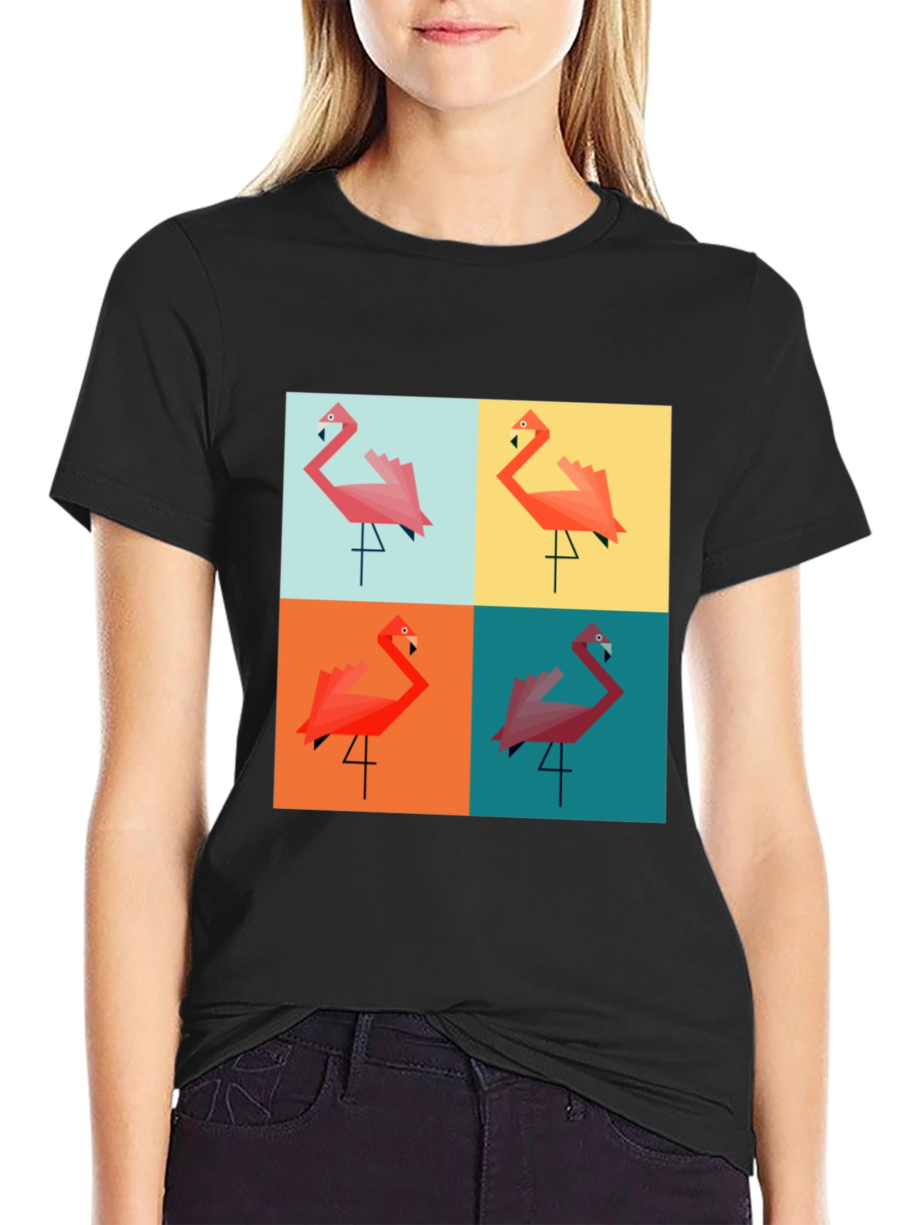 Camiseta Negra con Diseño de Flamingos Geométricos