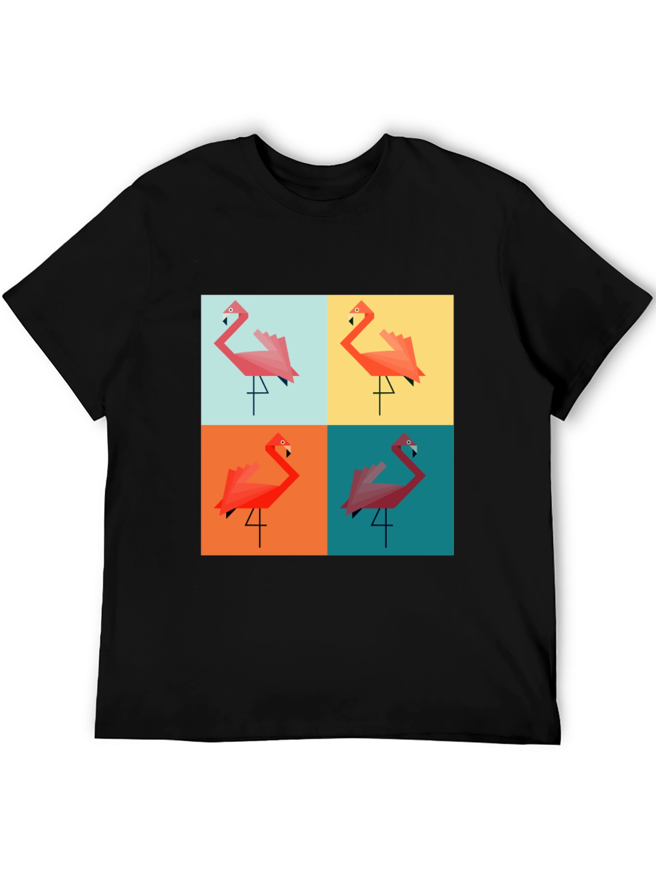 Camiseta Negra con Diseño de Flamingos Geométricos