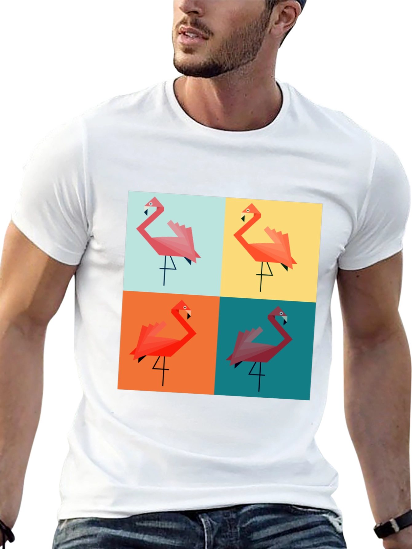 Camiseta Negra con Diseño de Flamingos Geométricos