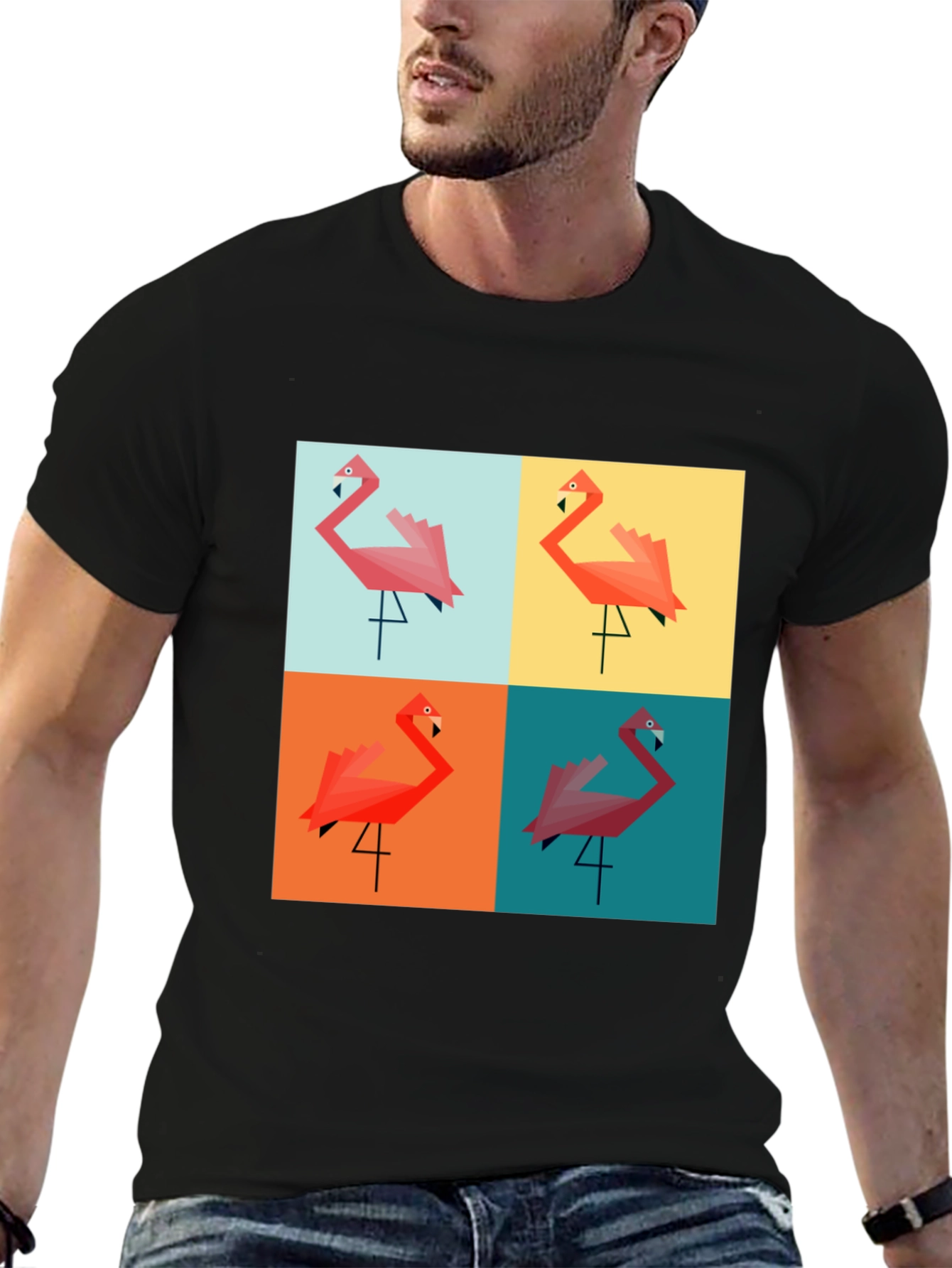 Camiseta Negra con Diseño de Flamingos Geométricos
