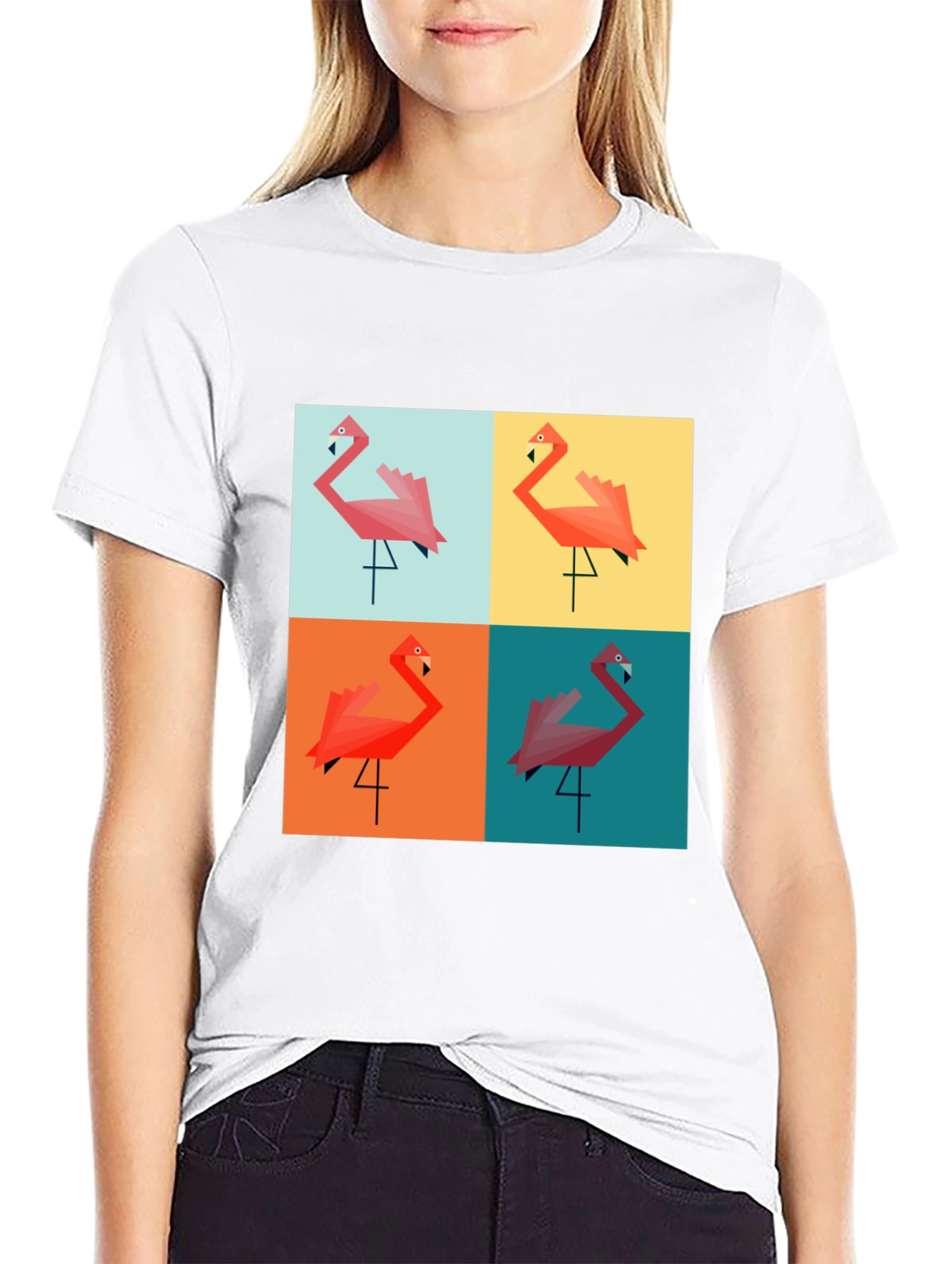 Camiseta Negra con Diseño de Flamingos Geométricos