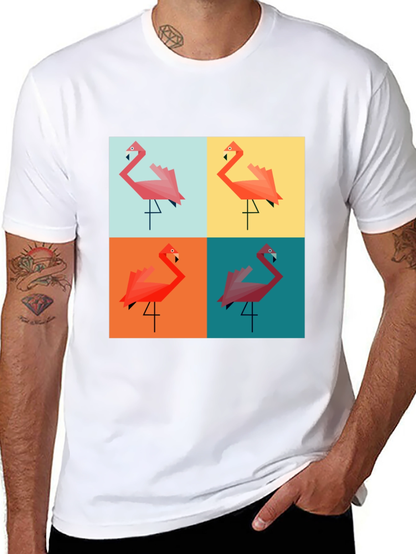 Camiseta Negra con Diseño de Flamingos Geométricos