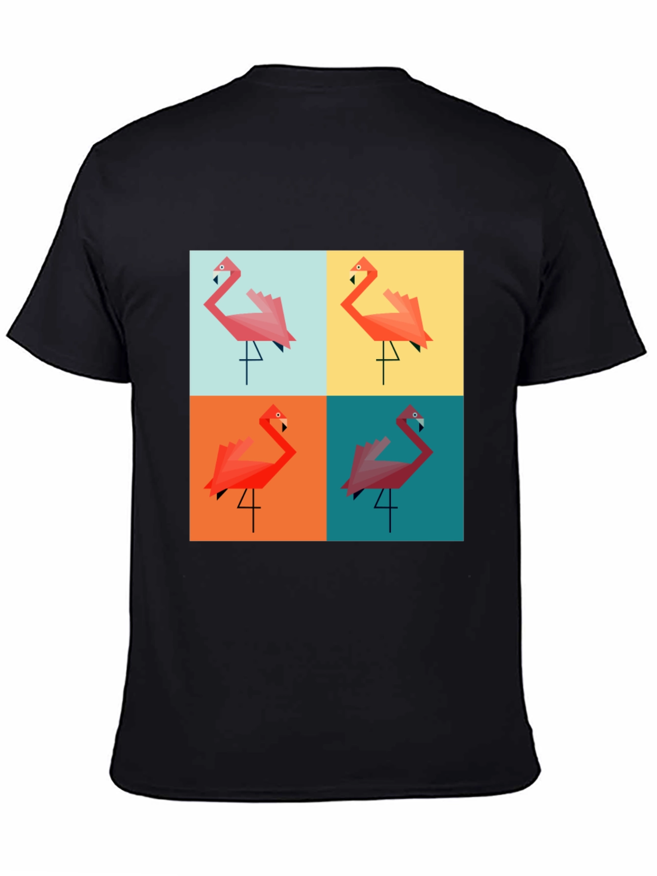 Camiseta Negra con Diseño de Flamingos Geométricos