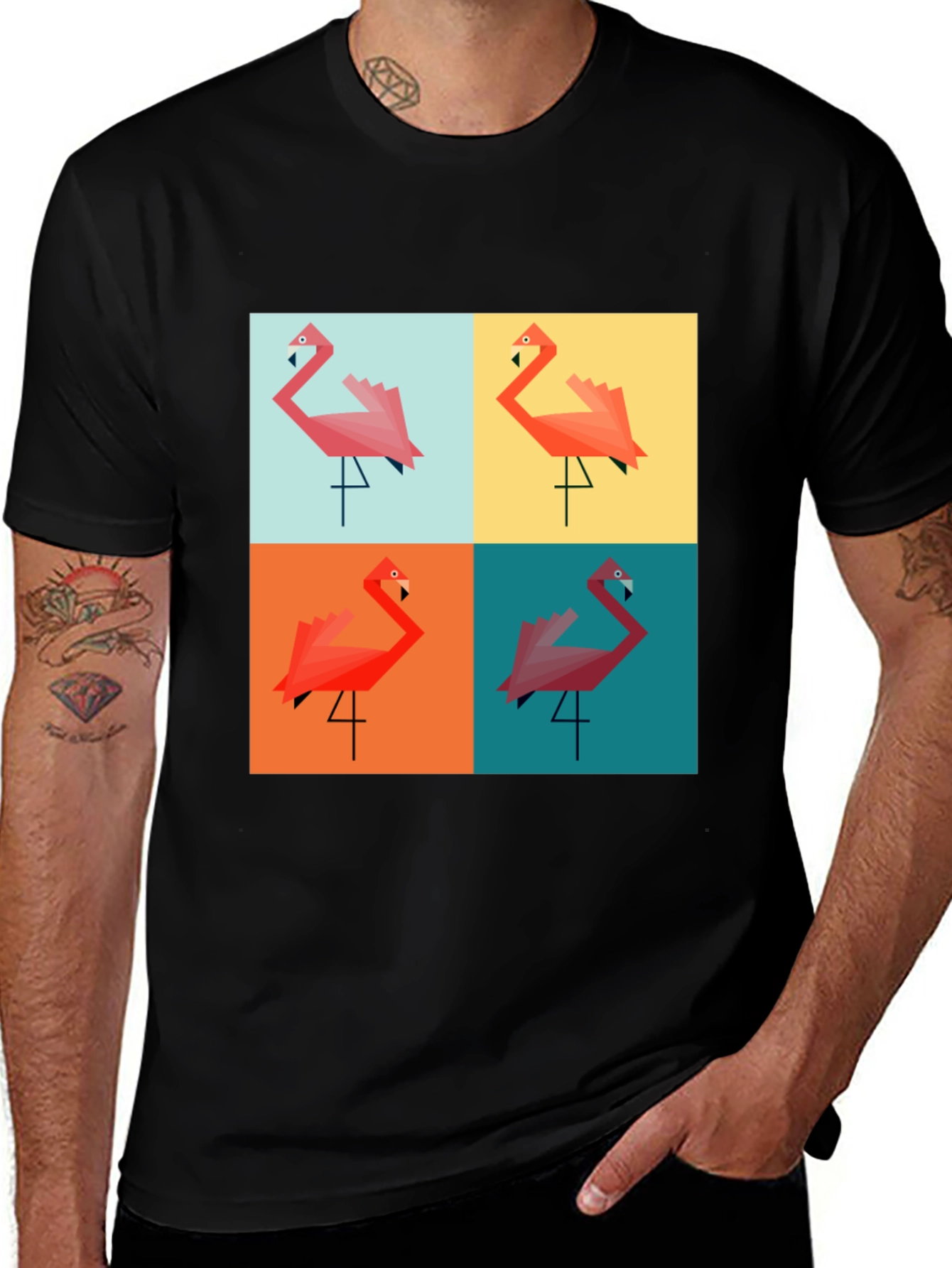 Camiseta Negra con Diseño de Flamingos Geométricos