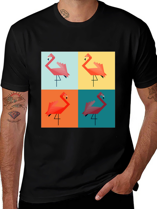 Camiseta Negra con Diseño de Flamingos Geométricos