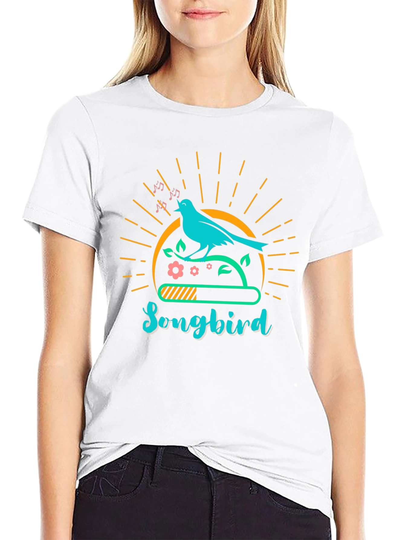 Camiseta Negra con Diseño de Pájaro Cantor