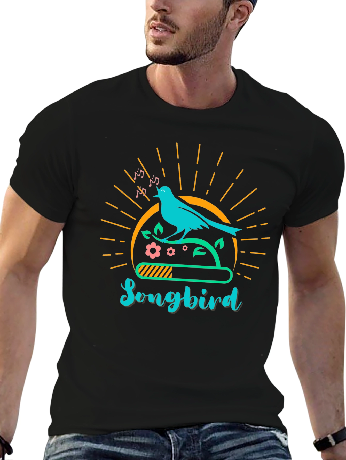 Camiseta Negra con Diseño de Pájaro Cantor