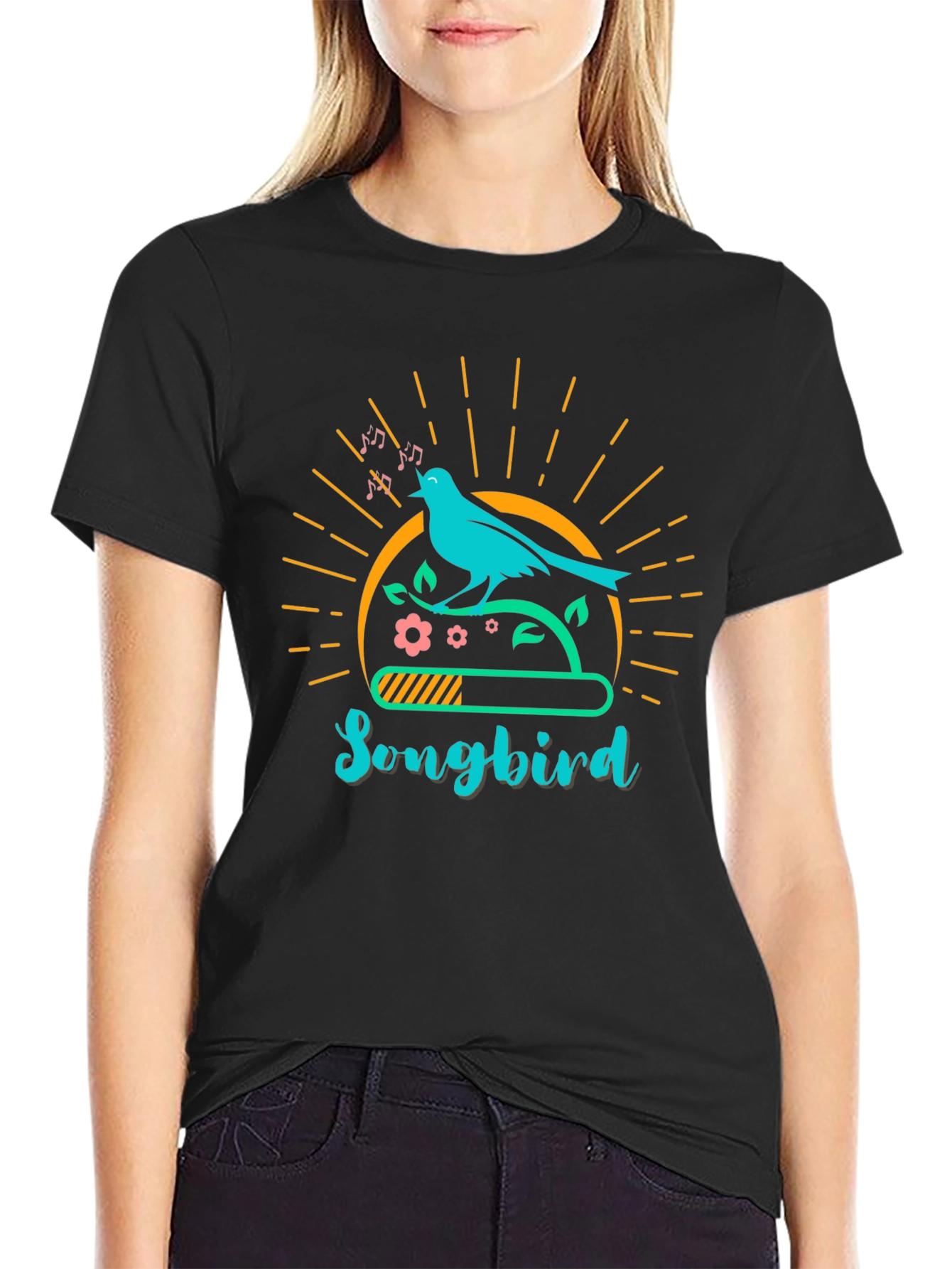 Camiseta Negra con Diseño de Pájaro Cantor