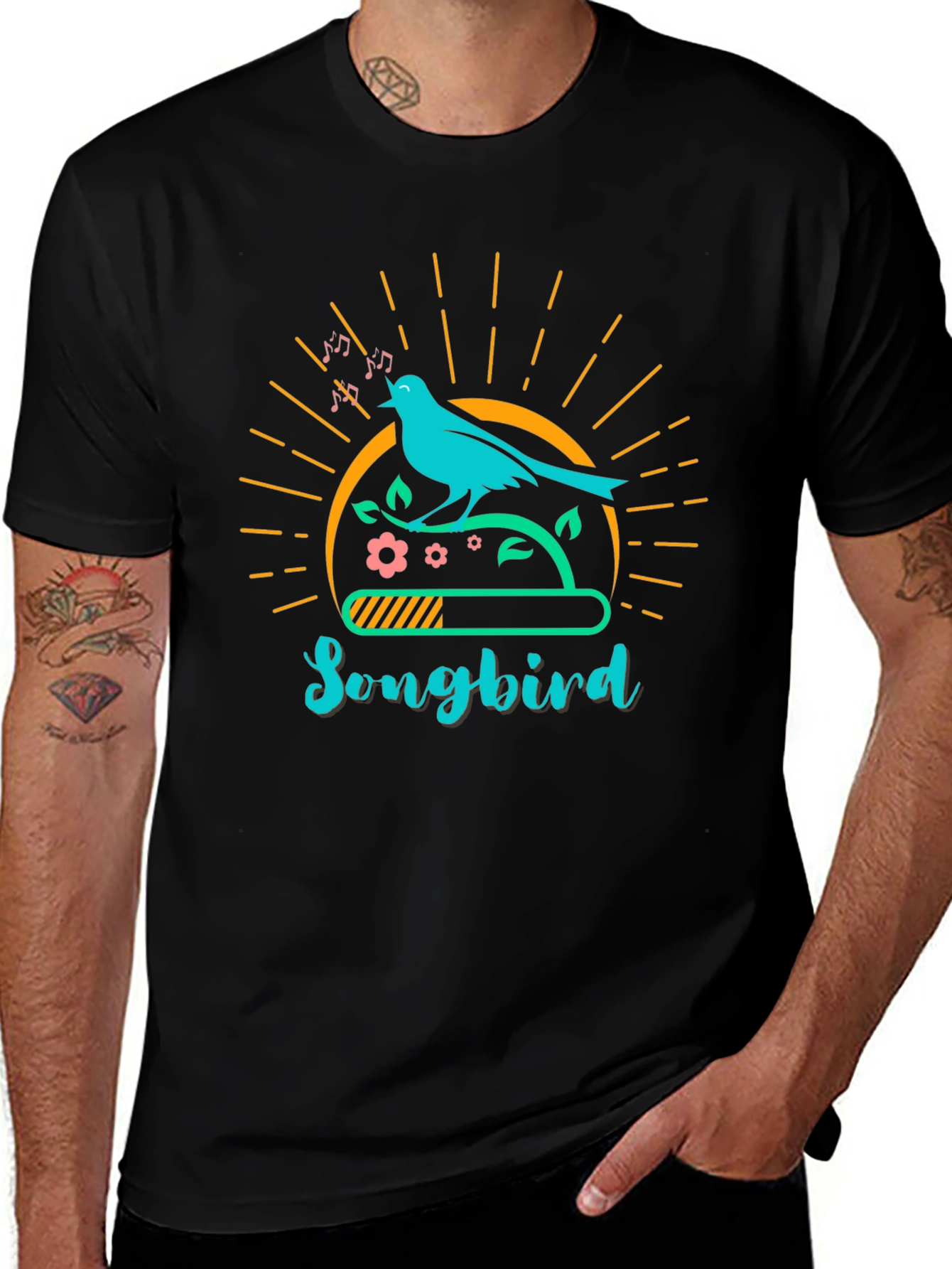Camiseta Negra con Diseño de Pájaro Cantor