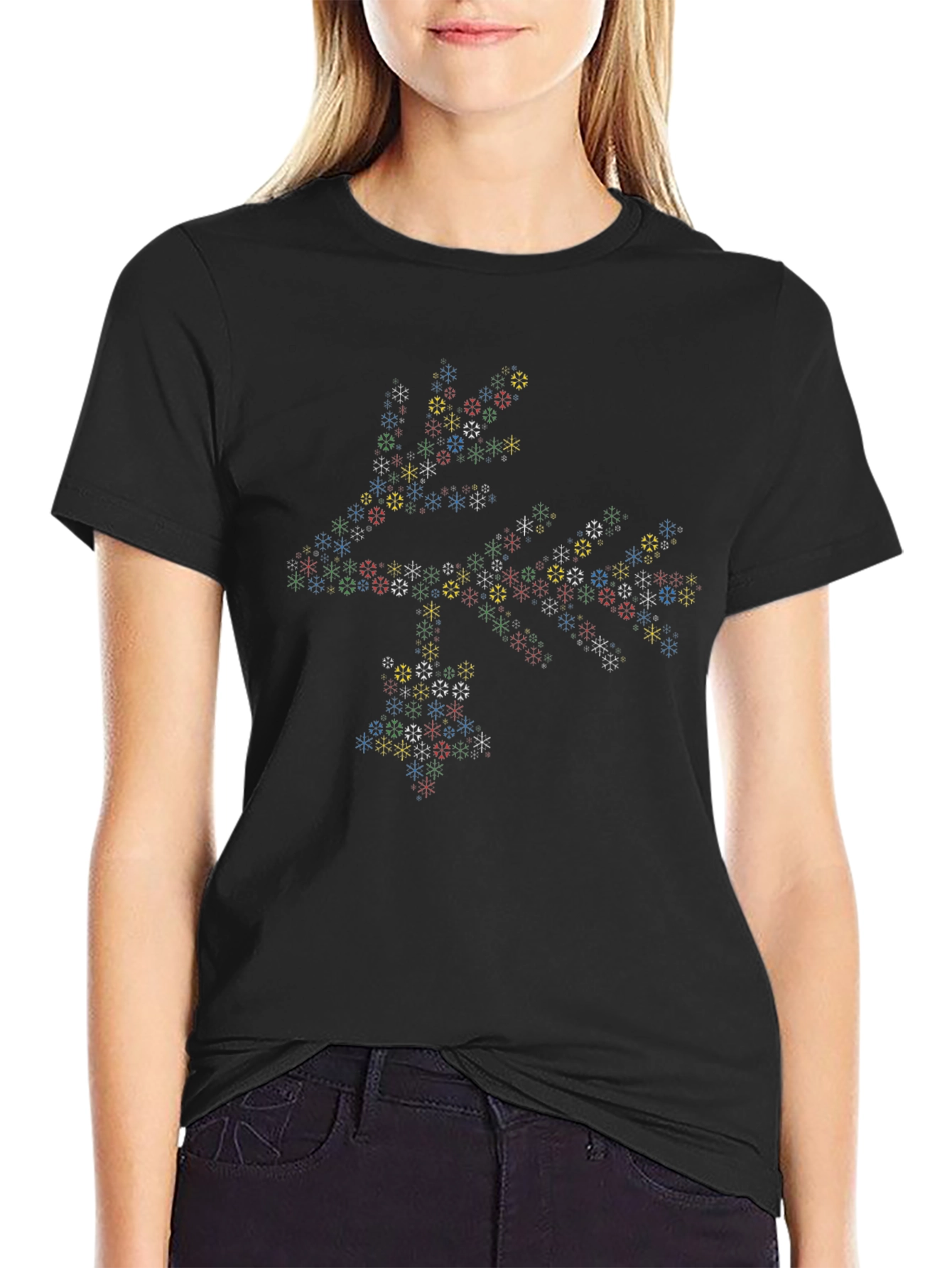 Camiseta Negra con Diseño Abstracto de Copos de Nieve