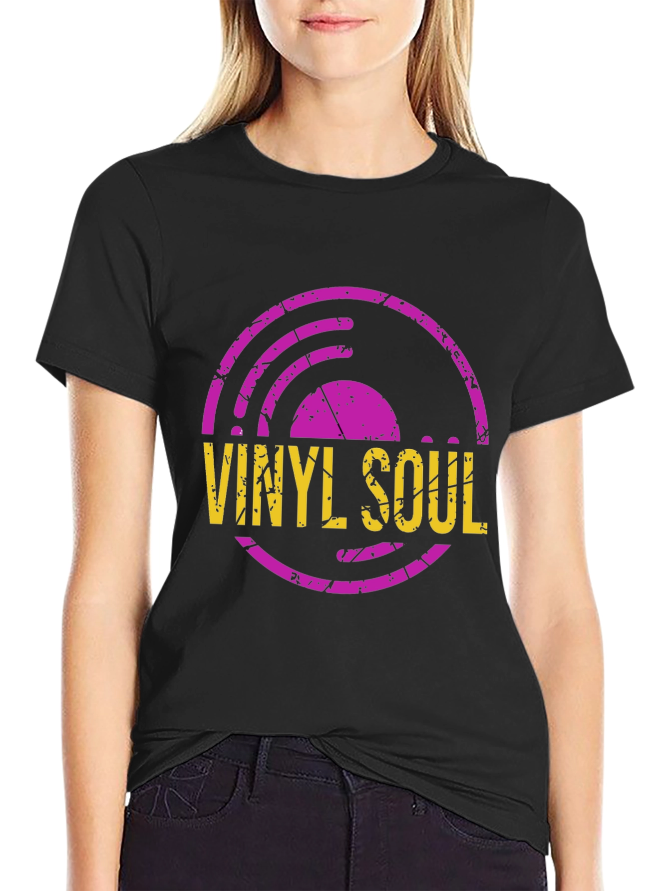 Camiseta Negra con Diseño de Vinilo Soul