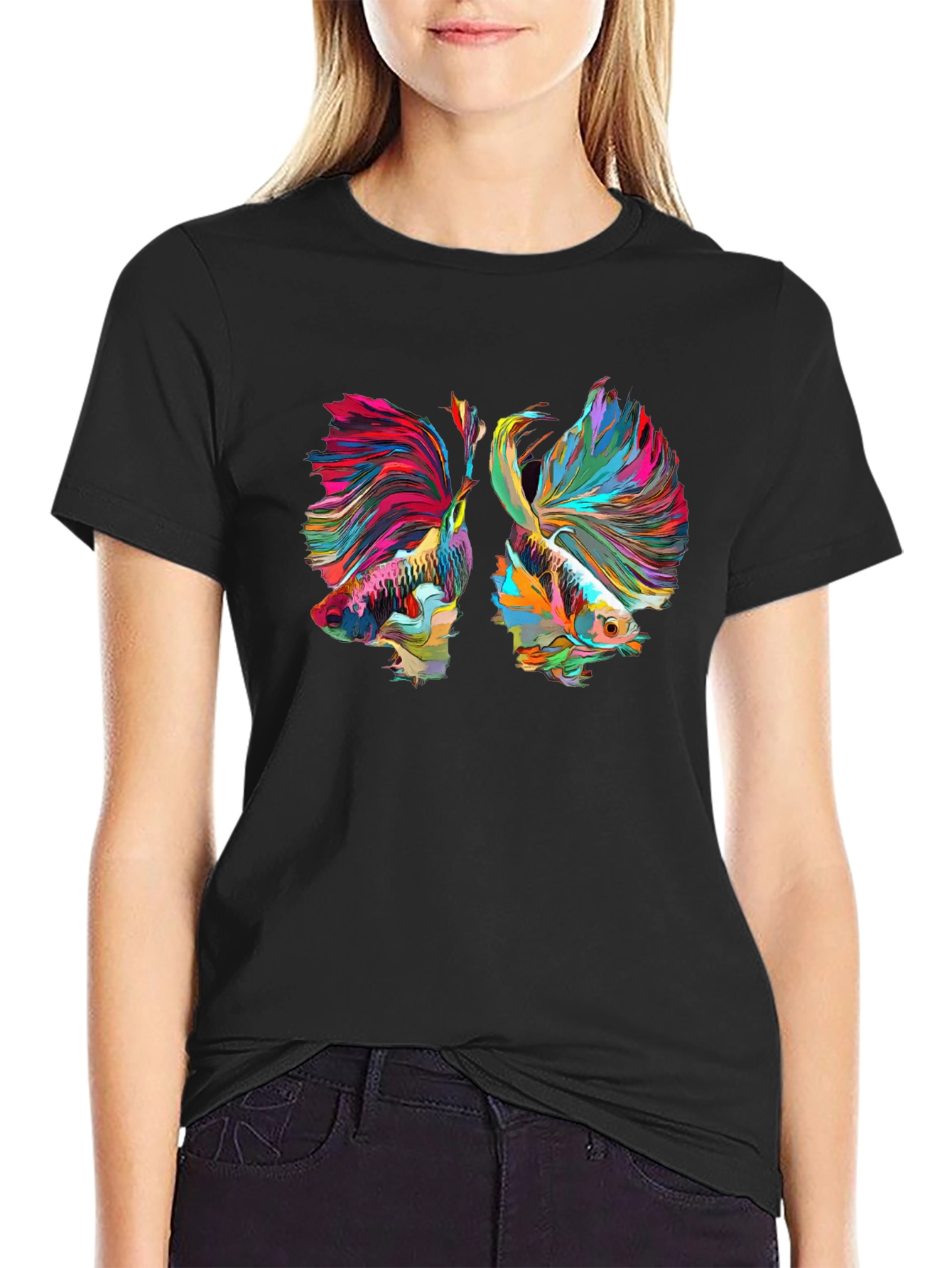 Camiseta Negra con Diseño de Peces Betta Abstractos