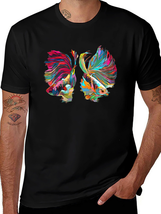 Camiseta Negra con Diseño de Peces Betta Abstractos