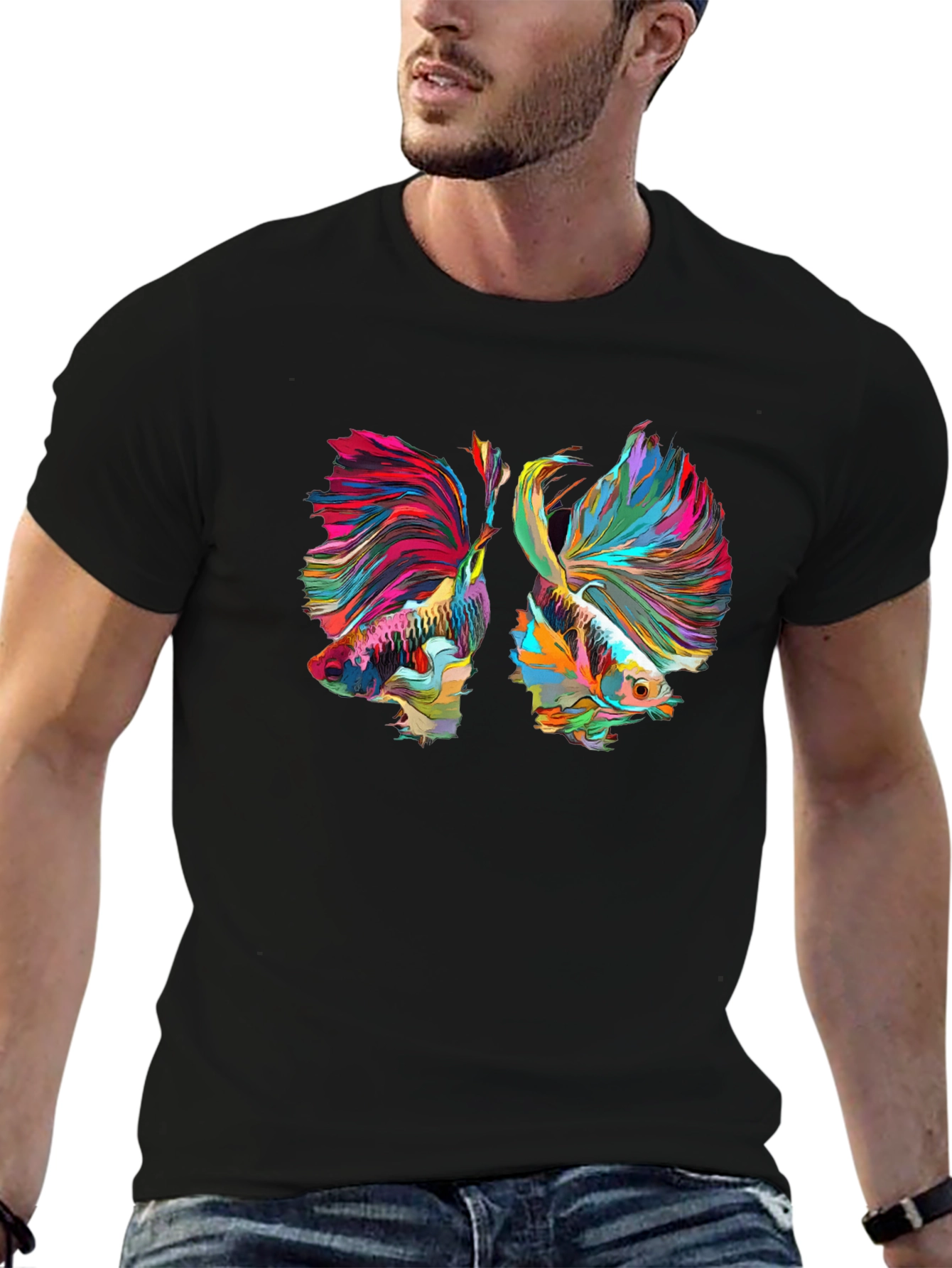 Camiseta Negra con Diseño de Peces Betta Abstractos
