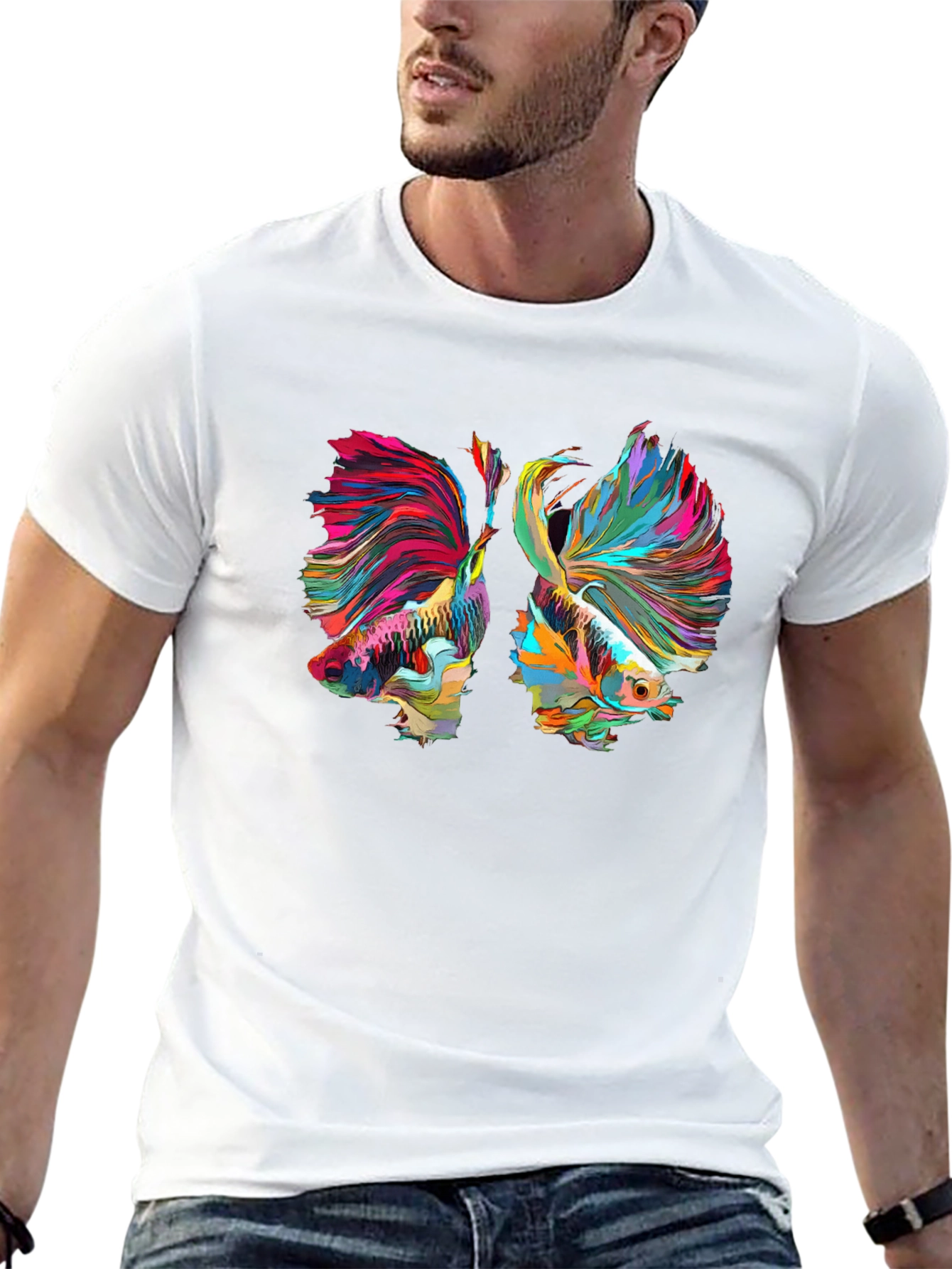 Camiseta Negra con Diseño de Peces Betta Abstractos